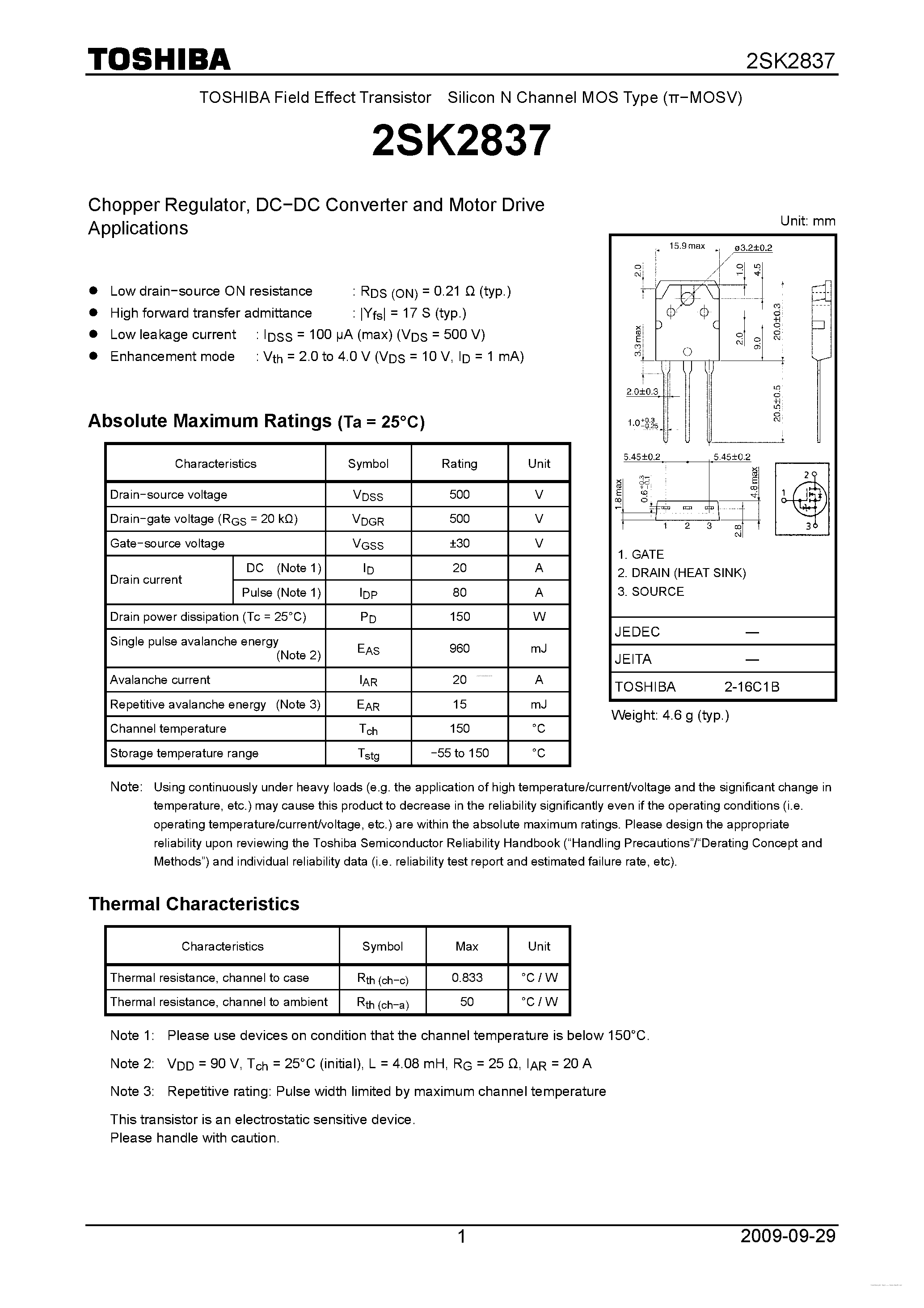 Datasheet 2SK2837 page 1 Datasheet 2SK2837 - N CHANNEL MOS TYPE (HIGH SPEED/ HIGH CURRENT SWITCHING/ CHOPPER REGULATOR/ DC-DC CONVERTERAND MOTOR DRIVE APPLICATIONS) page 1