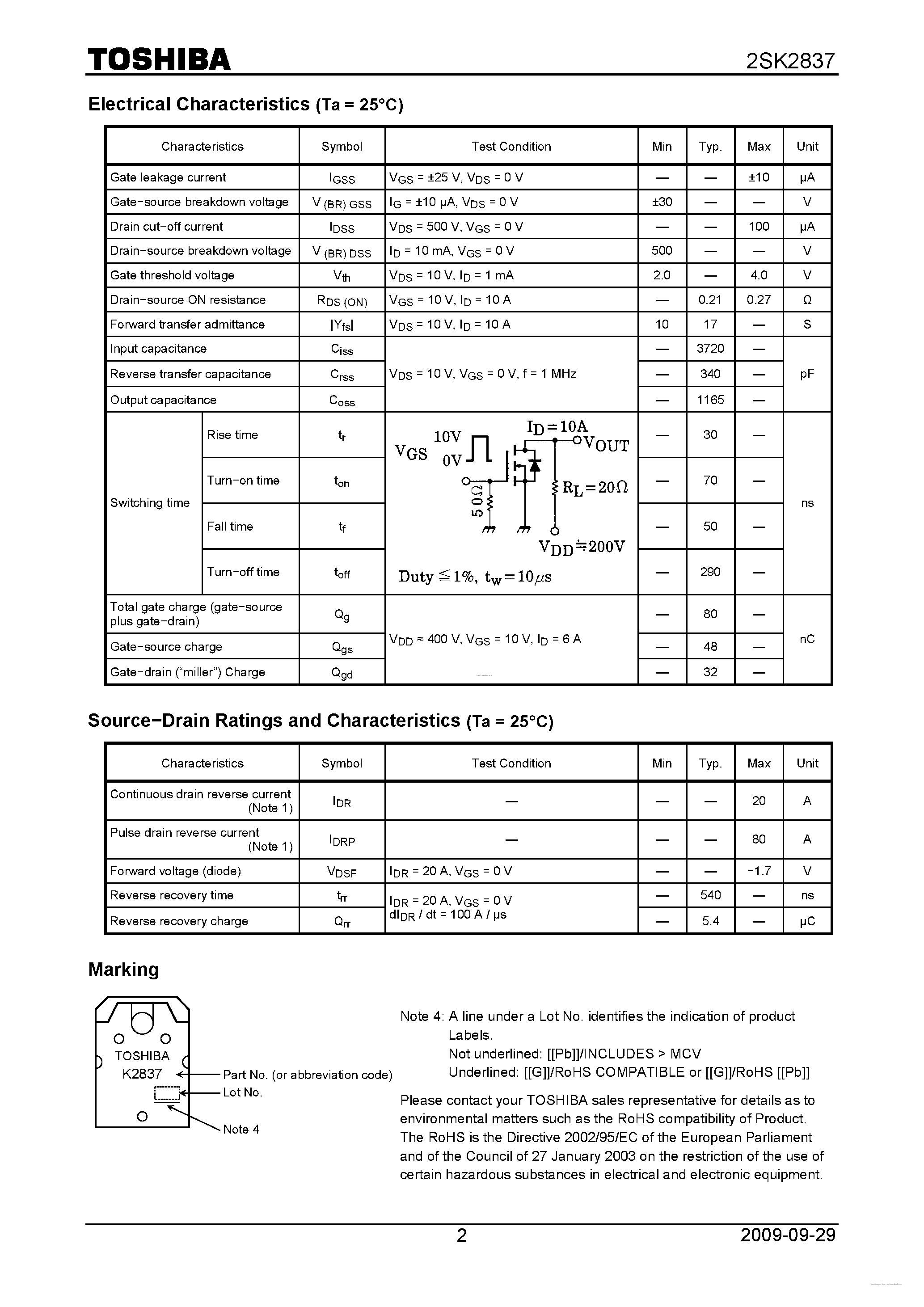Datasheet 2SK2837 page 2 Datasheet 2SK2837 - N CHANNEL MOS TYPE (HIGH SPEED/ HIGH CURRENT SWITCHING/ CHOPPER REGULATOR/ DC-DC CONVERTERAND MOTOR DRIVE APPLICATIONS) page 2