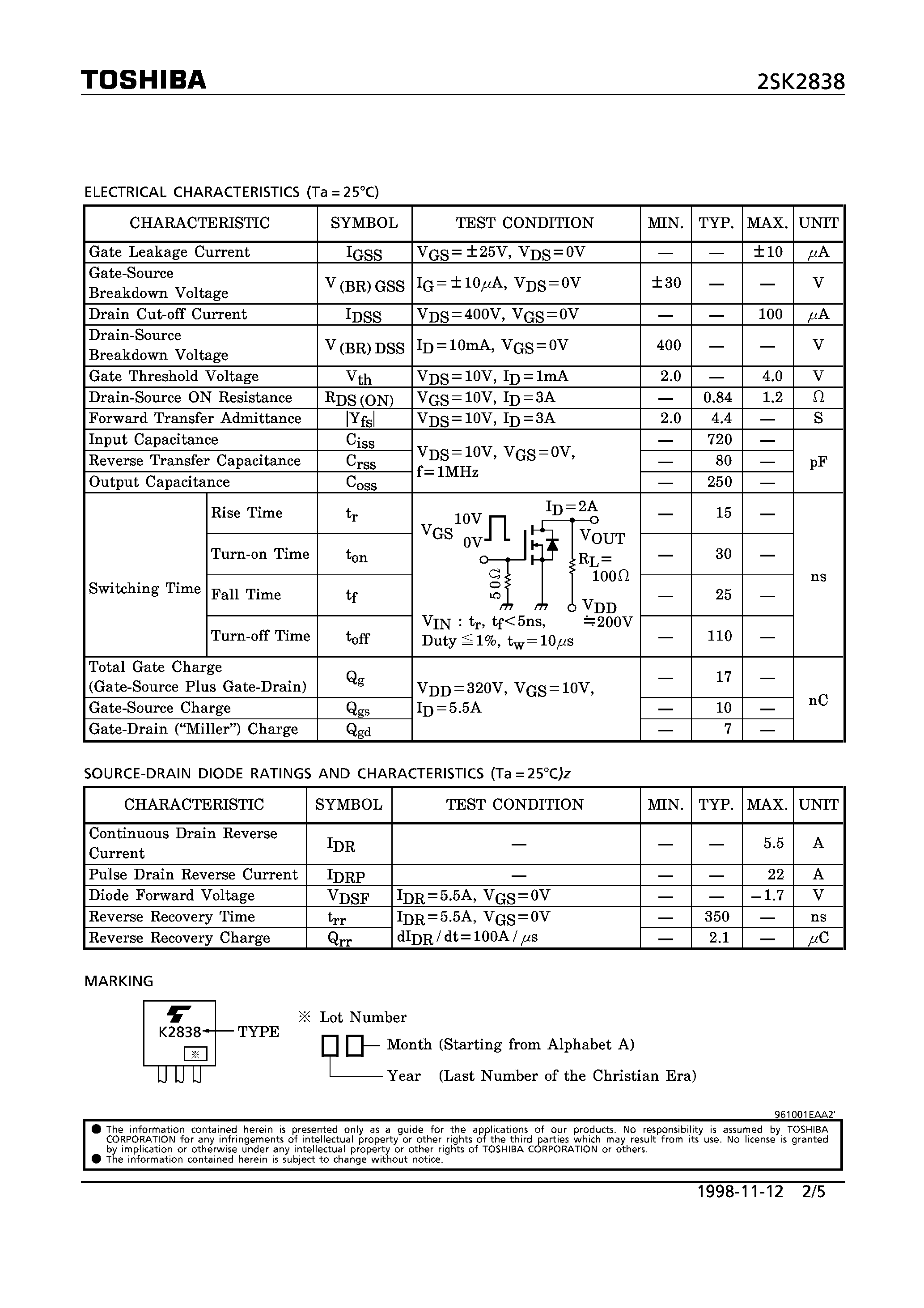Datasheet 2SK2838 - N CHANNEL MOS TYPE (HIGH SPEED/ HIGH CURRENT SWITCHING/ CHOPPER REGULATOR/ DC-DC CONVERTERAND MOTOR DRIVE APPLICATIONS) page 2