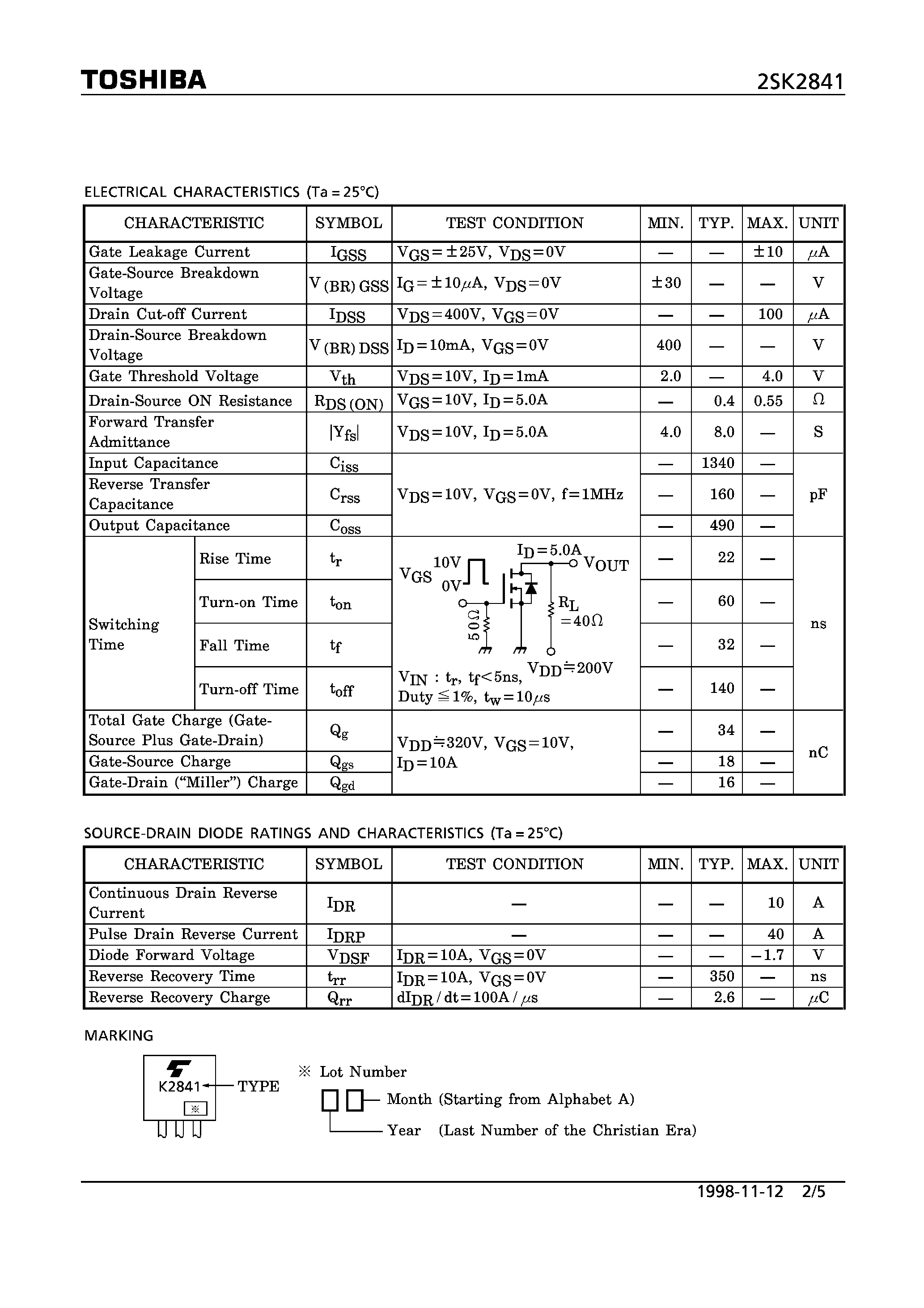 Datasheet 2SK2841 - N CHANNEL MOS TYPE (HIGH SPEED/ HIGH CURRENT SWITCHING/ CHOPPER REGULATOR/ DC-DC CONVERTERAND MOTOR DRIVE APPLICATIONS) page 2