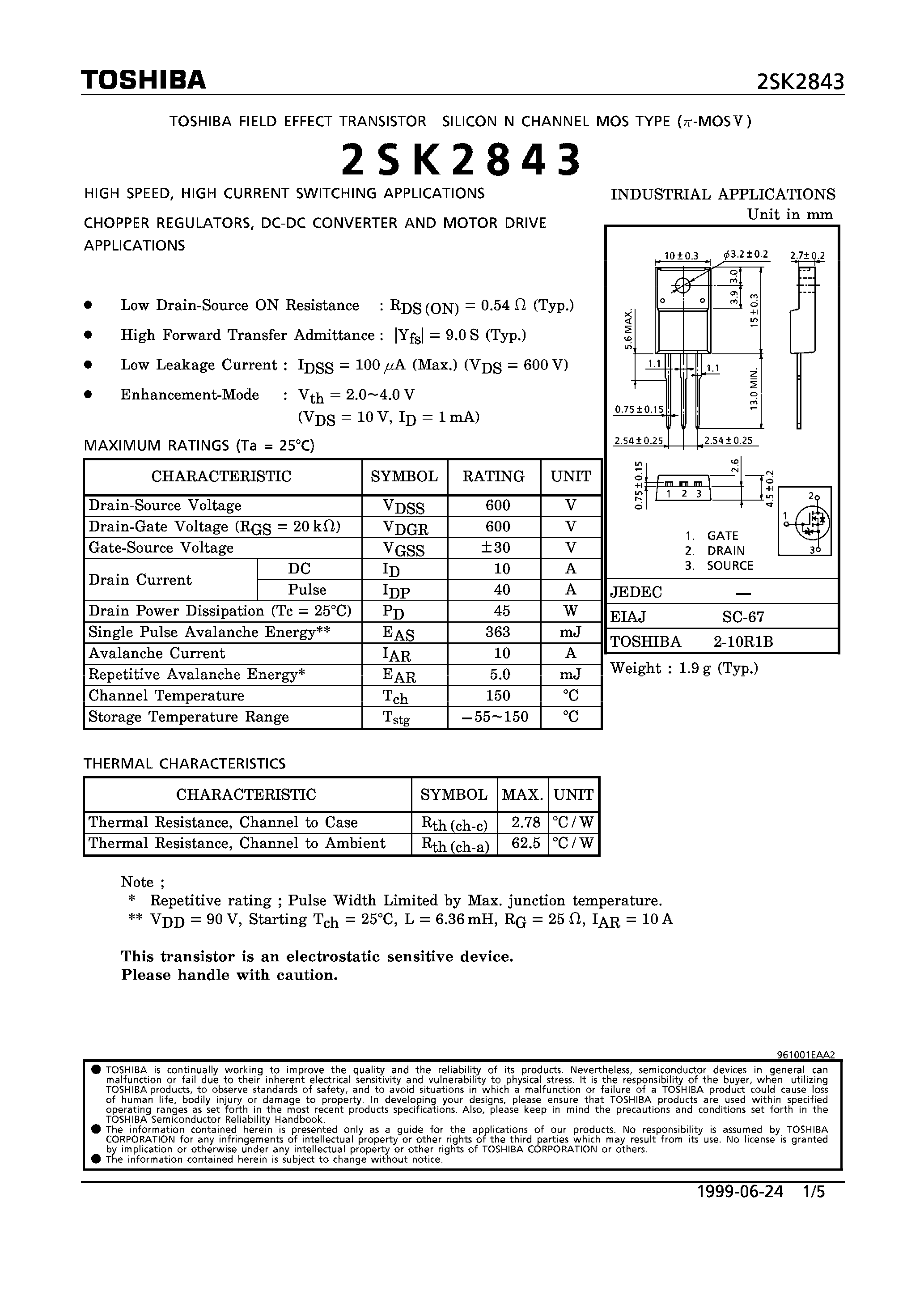 Datasheet 2SK2843 - N CHANNEL MOS TYPE (HIGH SPEED/ HIGH CURRENT SWITCHING/ CHOPPER REGULATOR/ DC-DC CONVERTERAND MOTOR DRIVE APPLICATIONS) page 1