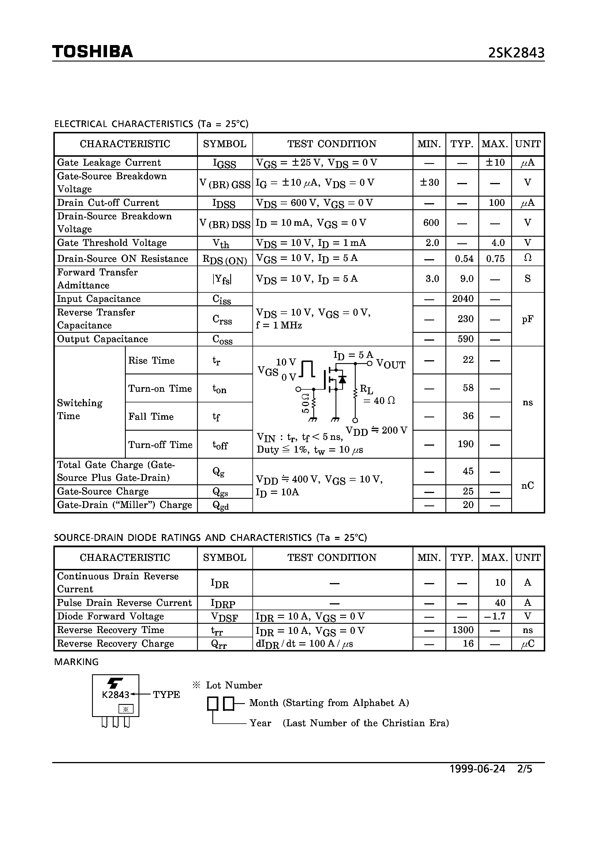 Datasheet 2SK2843 - N CHANNEL MOS TYPE (HIGH SPEED/ HIGH CURRENT SWITCHING/ CHOPPER REGULATOR/ DC-DC CONVERTERAND MOTOR DRIVE APPLICATIONS) page 2