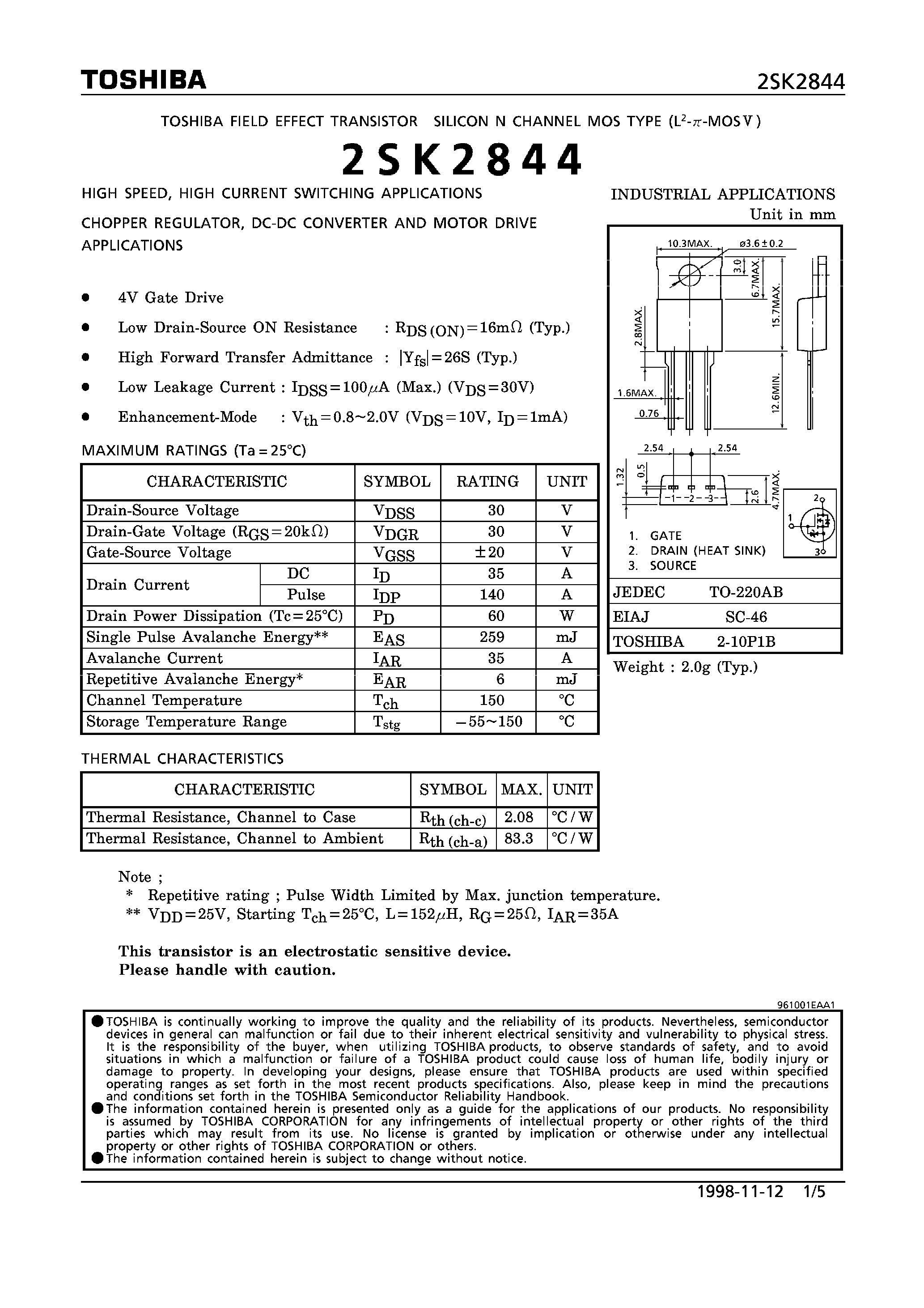 Datasheet 2SK2844 - N CHANNEL MOS TYPE (HIGH SPEED/ HIGH CURRENT SWITCHING/ CHOPPER REGULATOR/ DC-DC CONVERTERAND MOTOR DRIVE APPLICATIONS) page 1