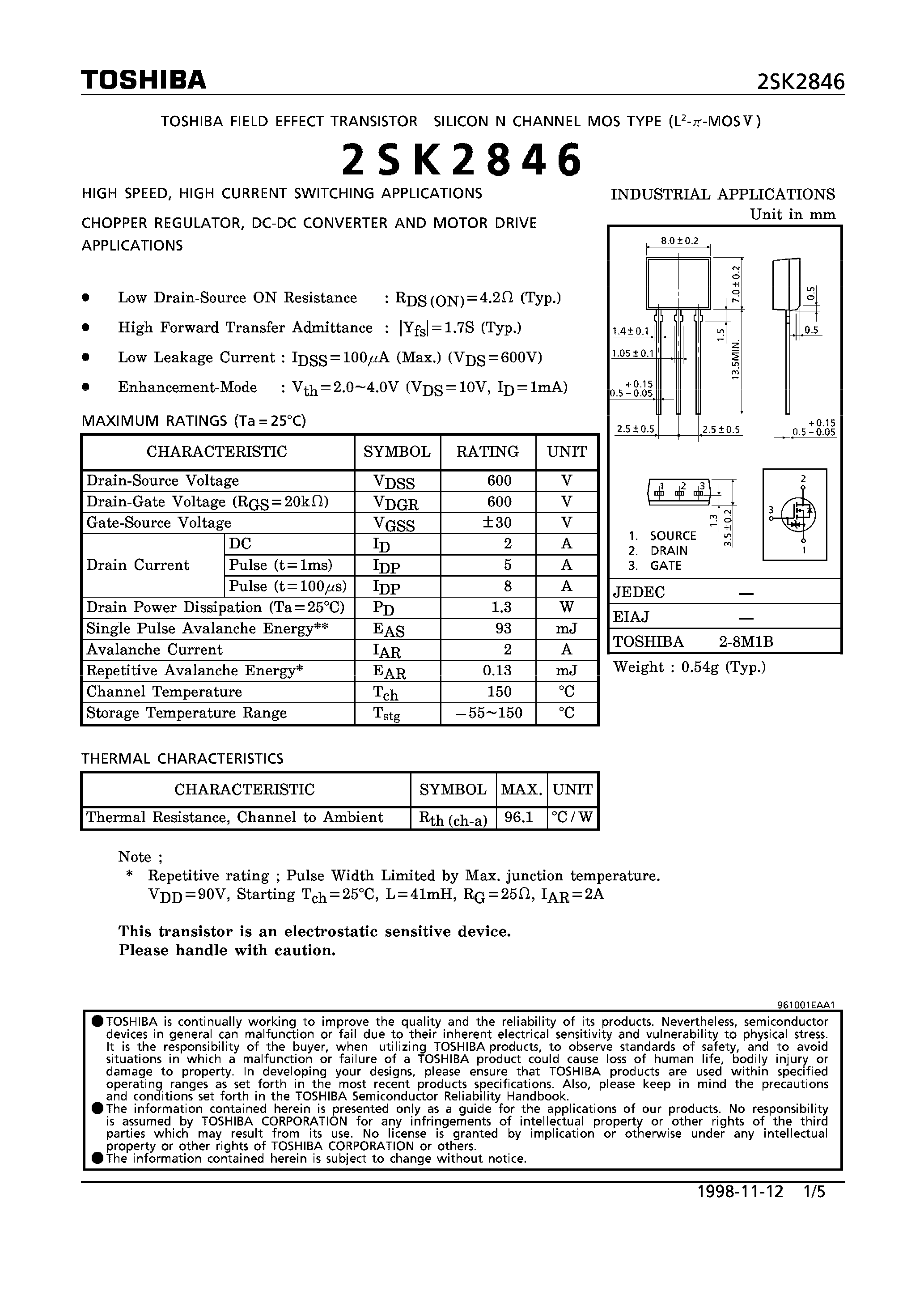 Datasheet 2SK2846 - N CHANNEL MOS TYPE (HIGH SPEED/ HIGH CURRENT SWITCHING/ CHOPPER REGULATOR/ DC-DC CONVERTERAND MOTOR DRIVE APPLICATIONS) page 1