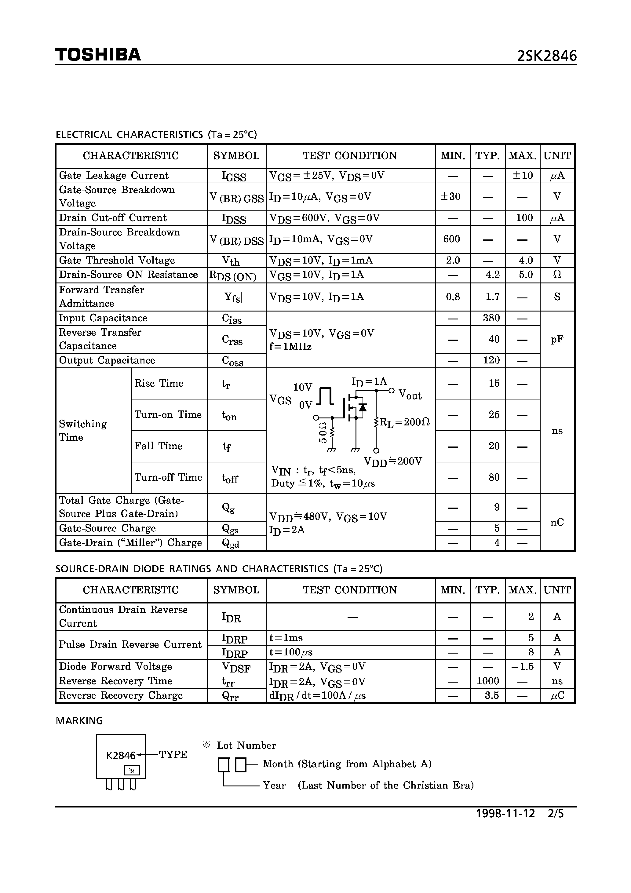 Datasheet 2SK2846 - N CHANNEL MOS TYPE (HIGH SPEED/ HIGH CURRENT SWITCHING/ CHOPPER REGULATOR/ DC-DC CONVERTERAND MOTOR DRIVE APPLICATIONS) page 2