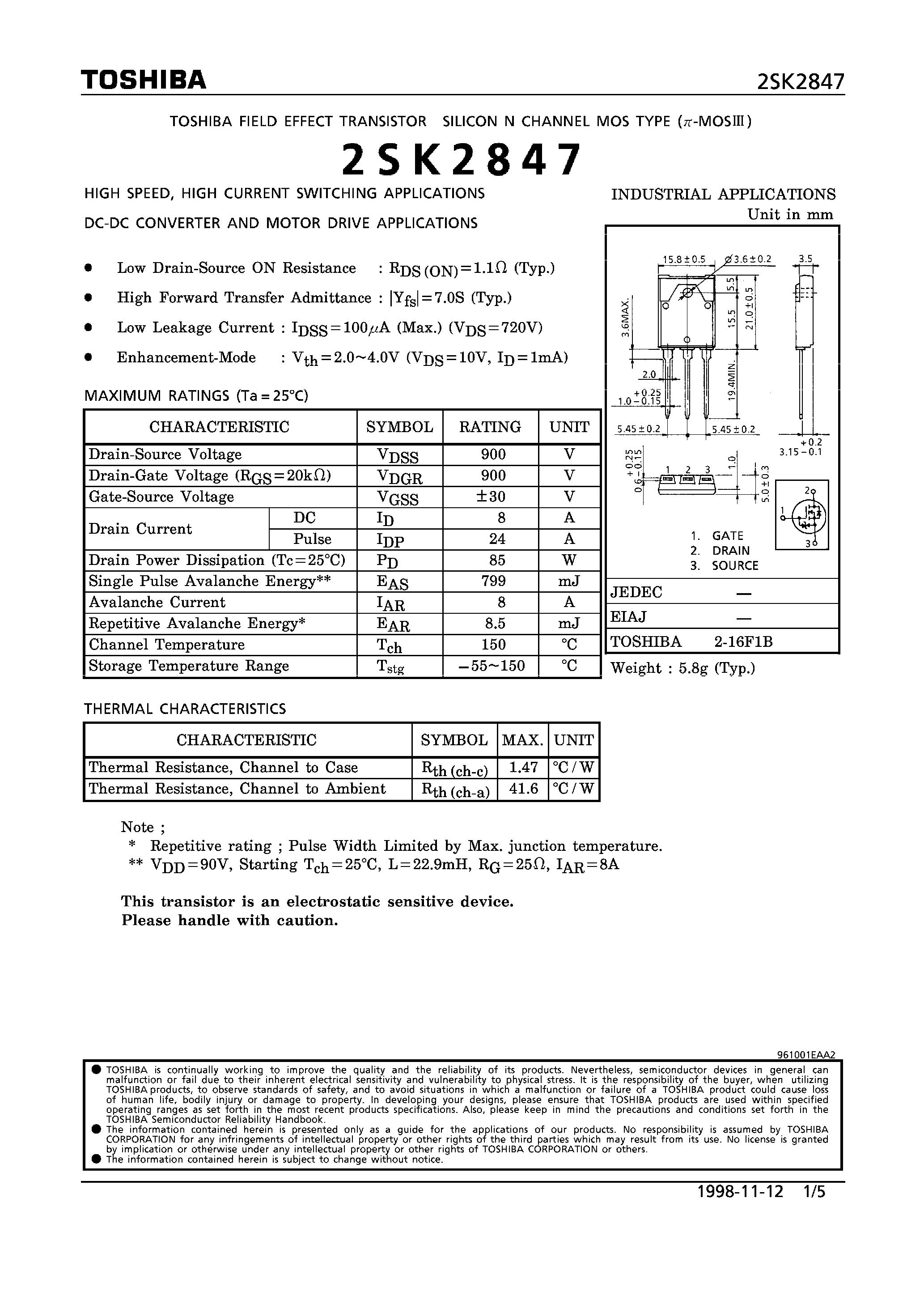 Datasheet 2SK2847 - N CHANNEL MOS TYPE HIGH SPEED/ HIGH CURRENT SWITCHING/ DC-DC CONVERTER AND MOTOR DRIVE APPLICATIONS) page 1