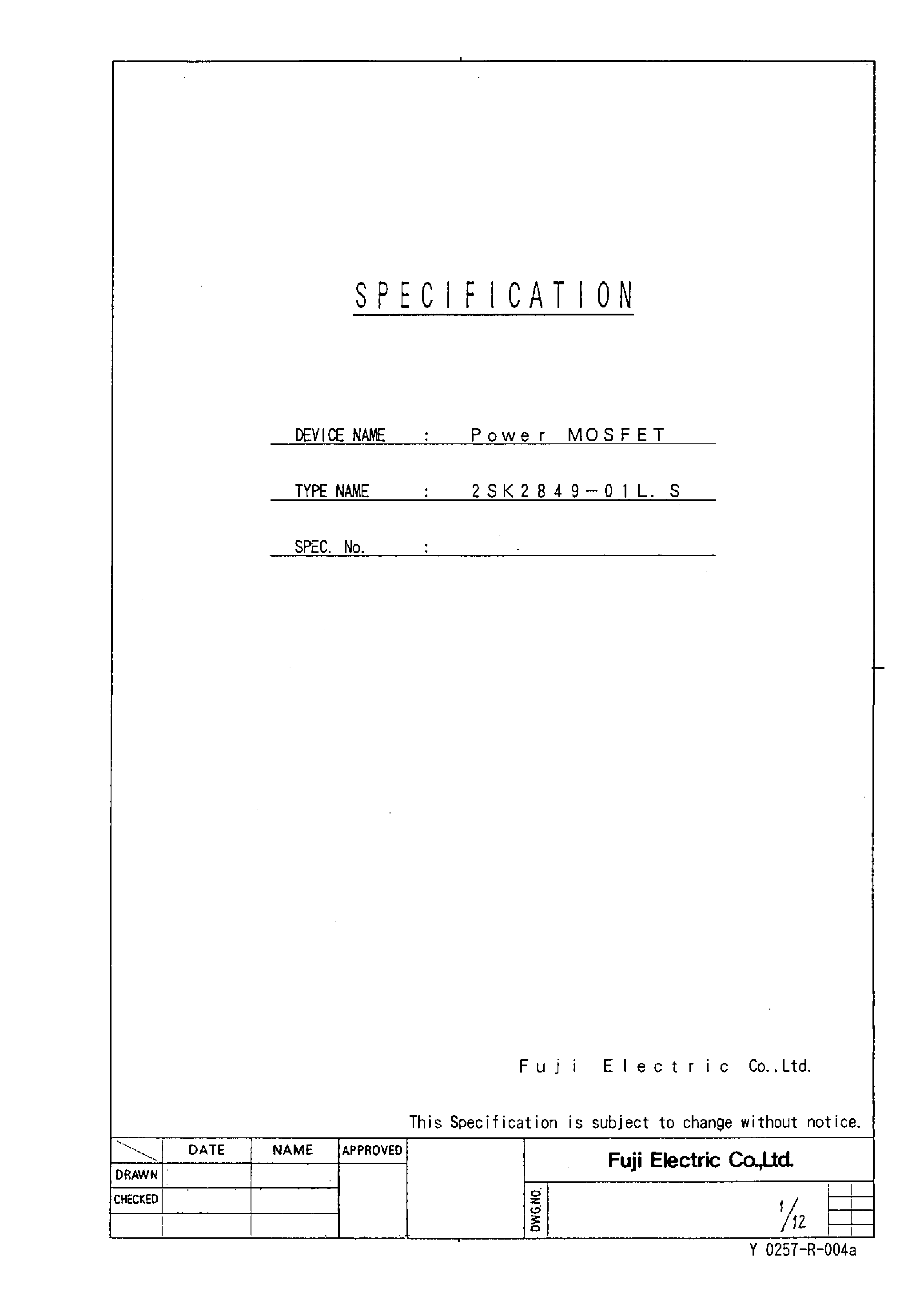 Datasheet 2SK2849-01L - Power MOSFET page 1