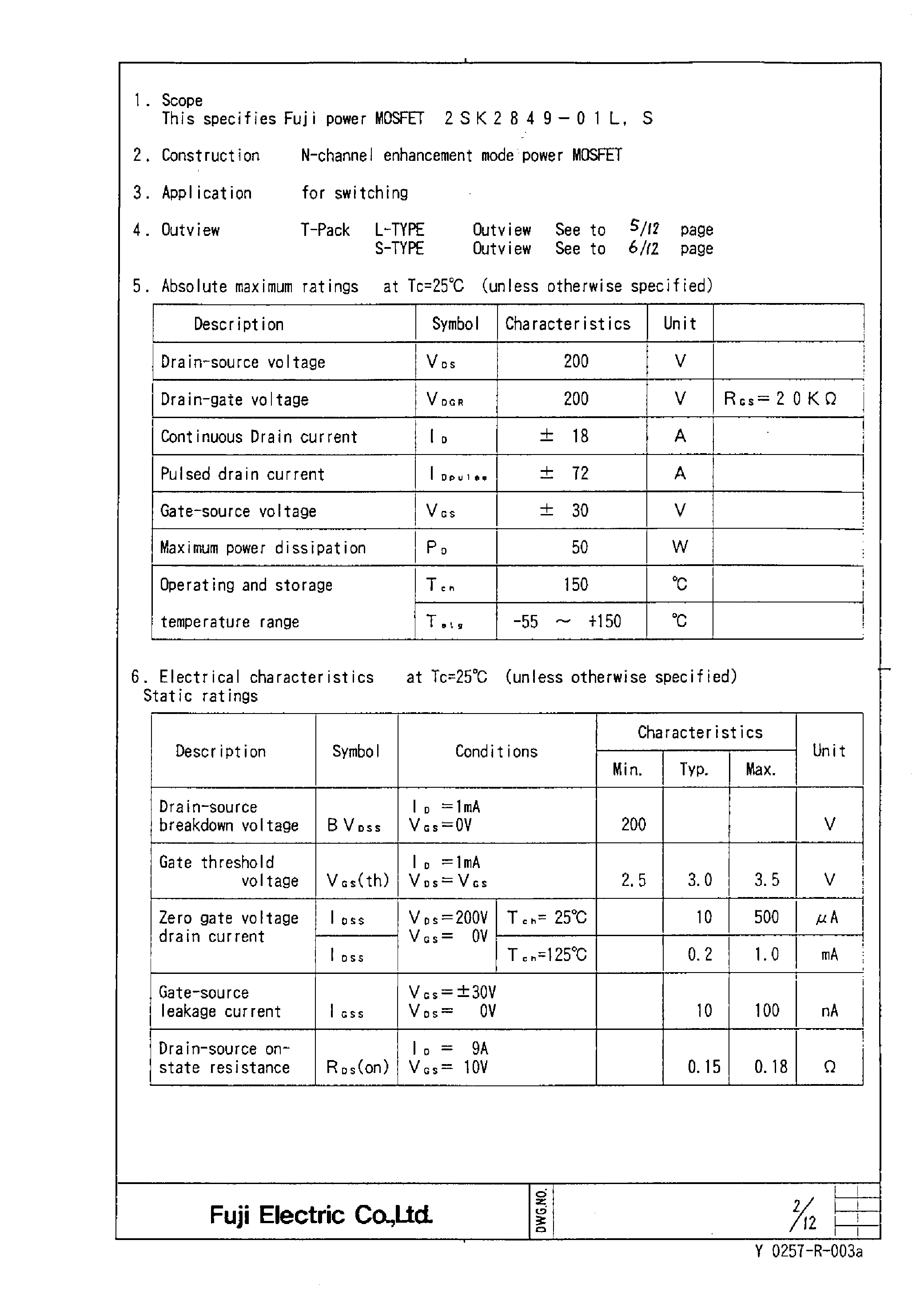 Datasheet 2SK2849-01L - Power MOSFET page 2