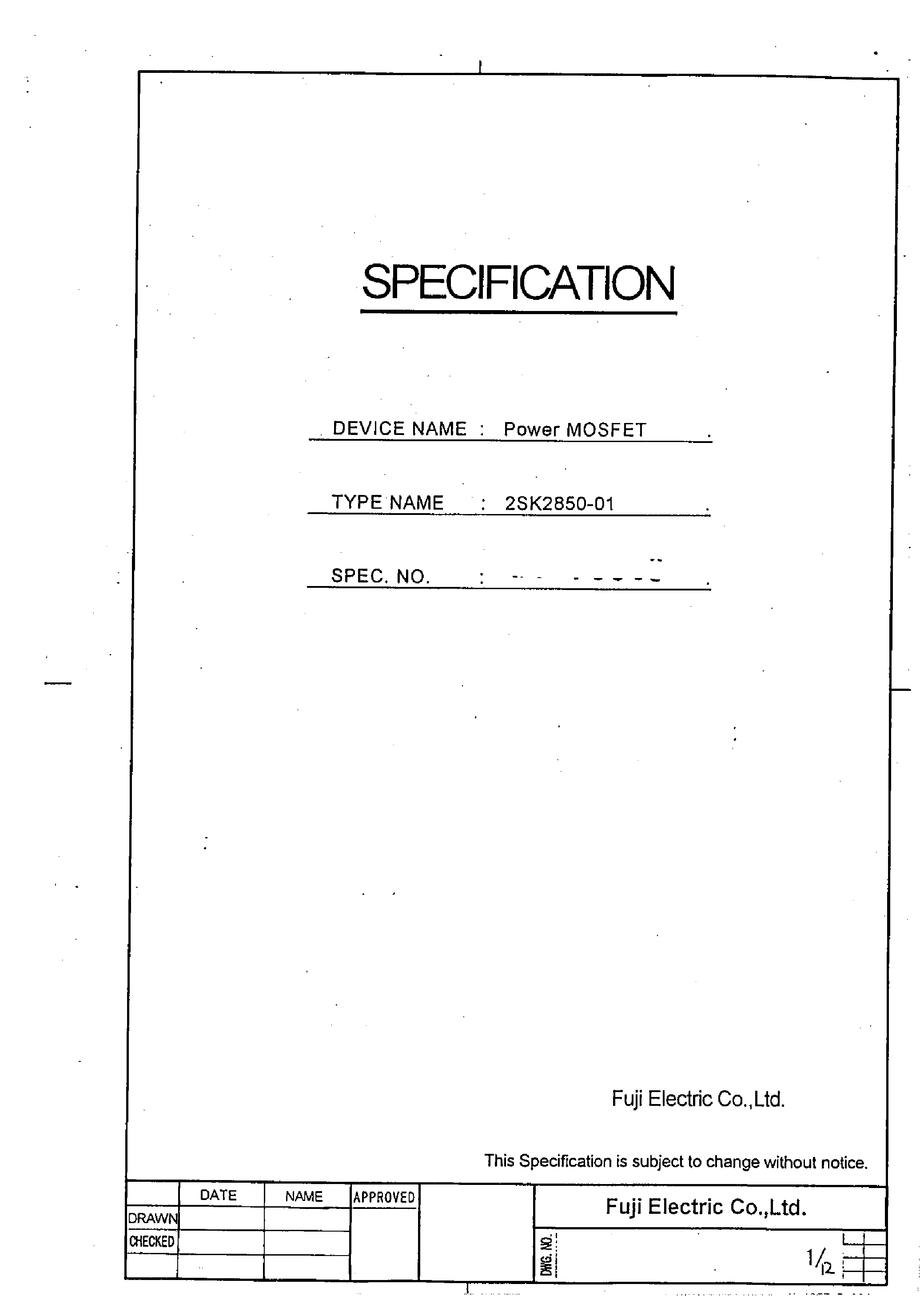 Datasheet 2SK2850 - N-Channel Enhancement Mode Power MOSFET page 1