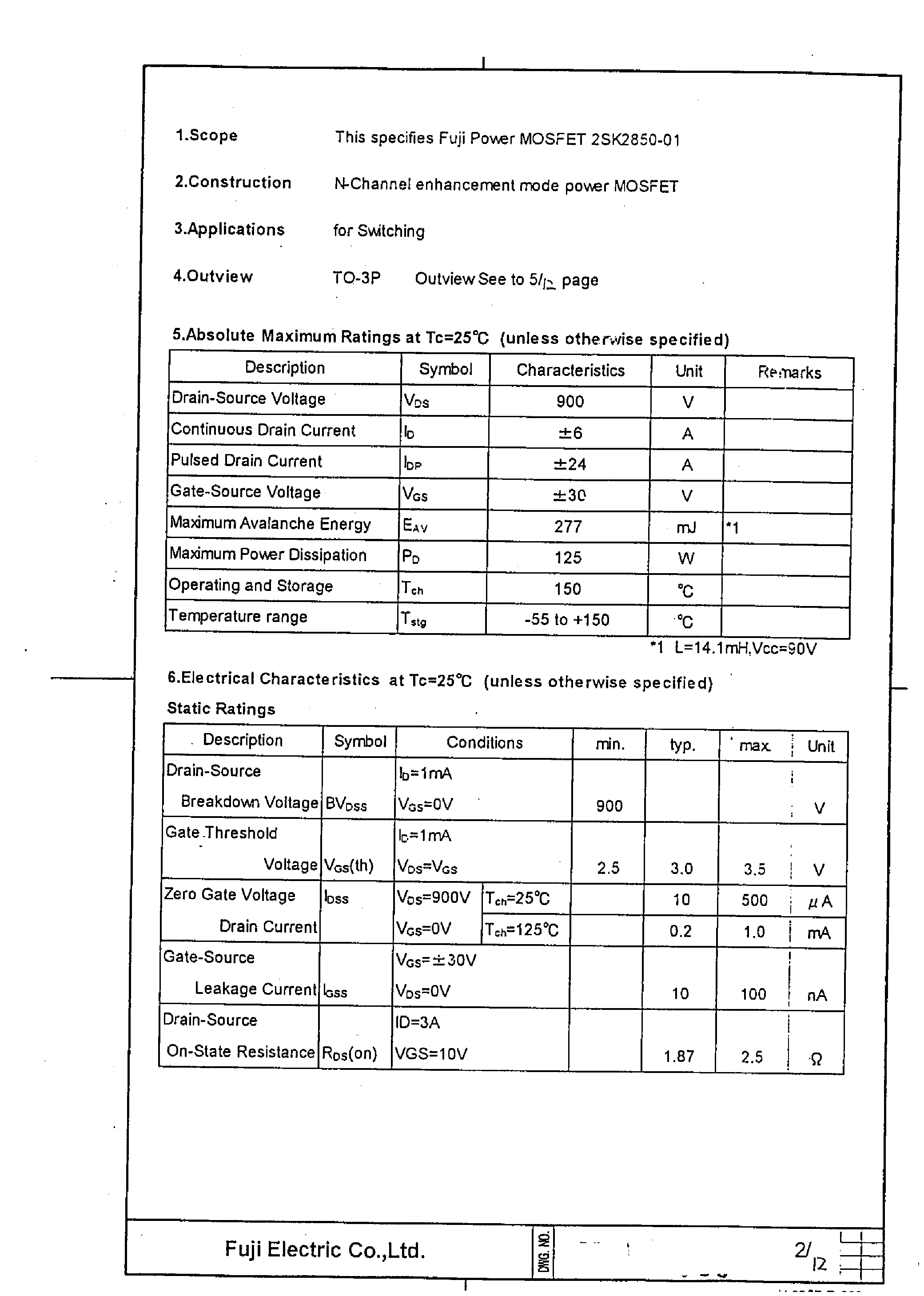 Datasheet 2SK2850-01 - N-Channel Enhancement Mode Power MOSFET page 2