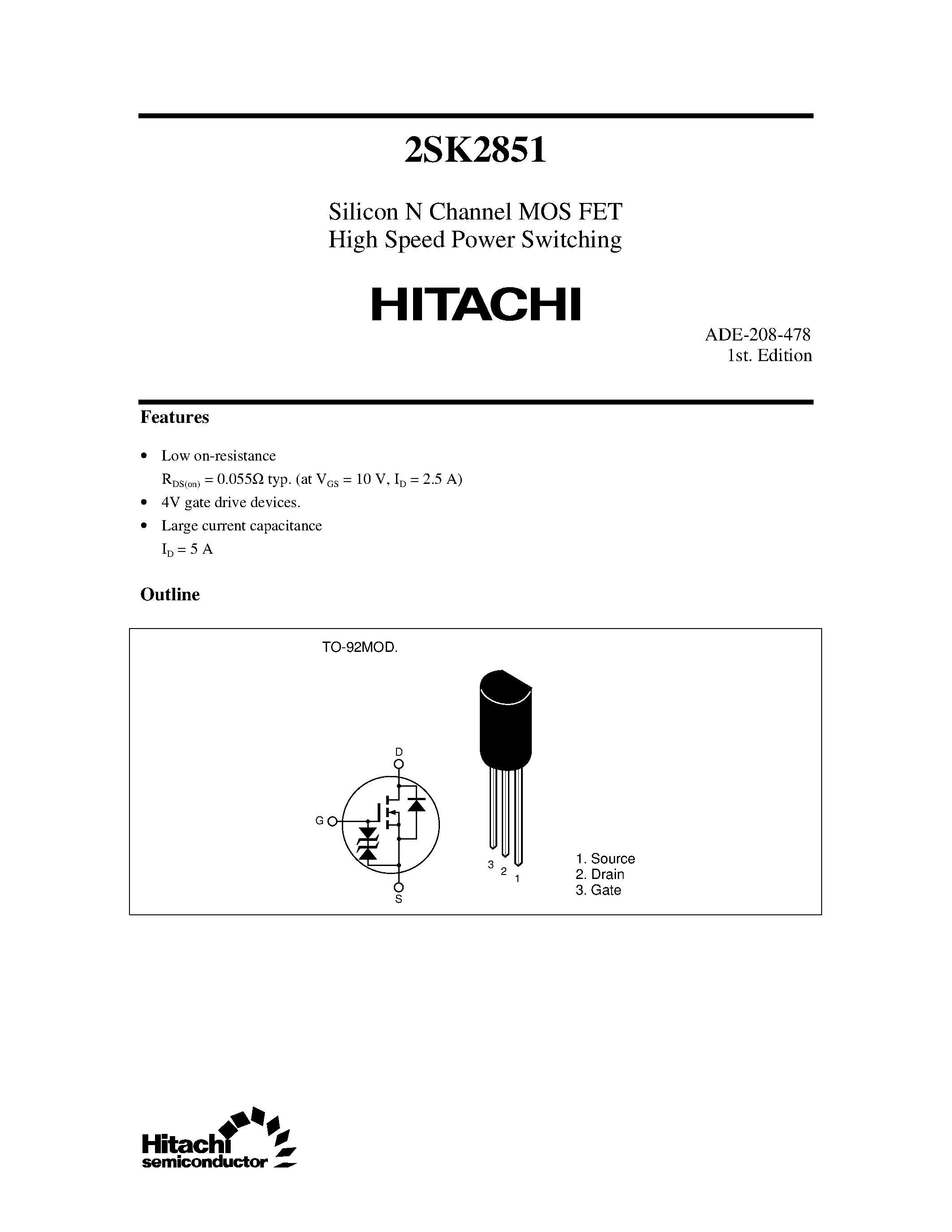 Datasheet 2SK2851 - Silicon N Channel MOS FET High Speed Power Switching page 1