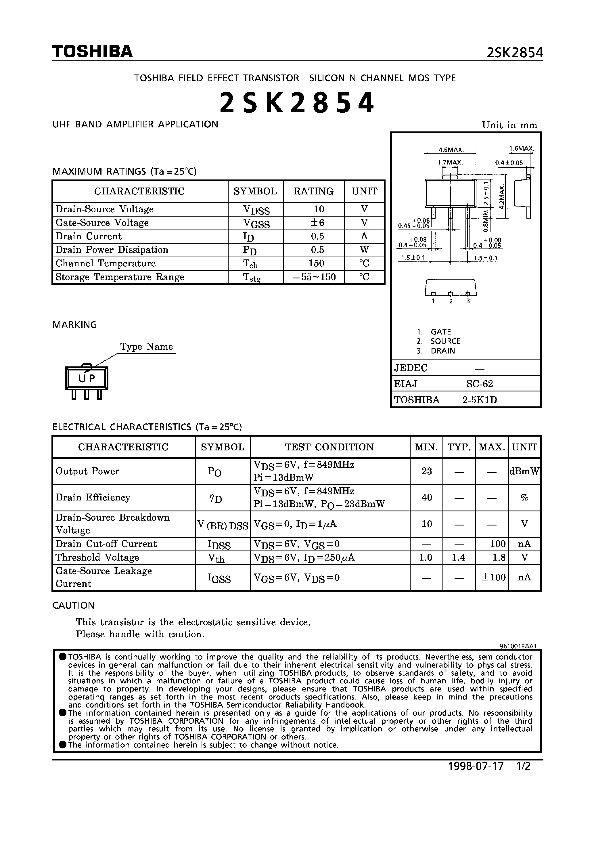 Datasheet 2SK2854 page 1 Datasheet 2SK2854 - N CHANNEL MOS TYPE (UHF BAND AMPLIFIER APPLICATIONS) page 1