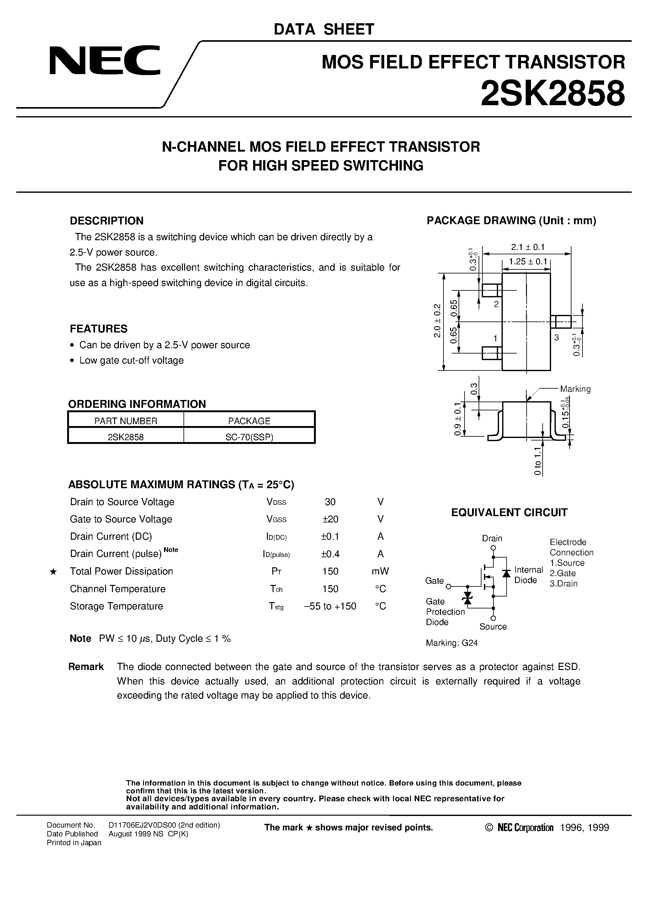 Datasheet 2SK2858 page 1 Datasheet 2SK2858 - N-CHANNEL MOS FIELD EFFECT TRANSISTOR FOR HIGH SPEED SWITCHING page 1