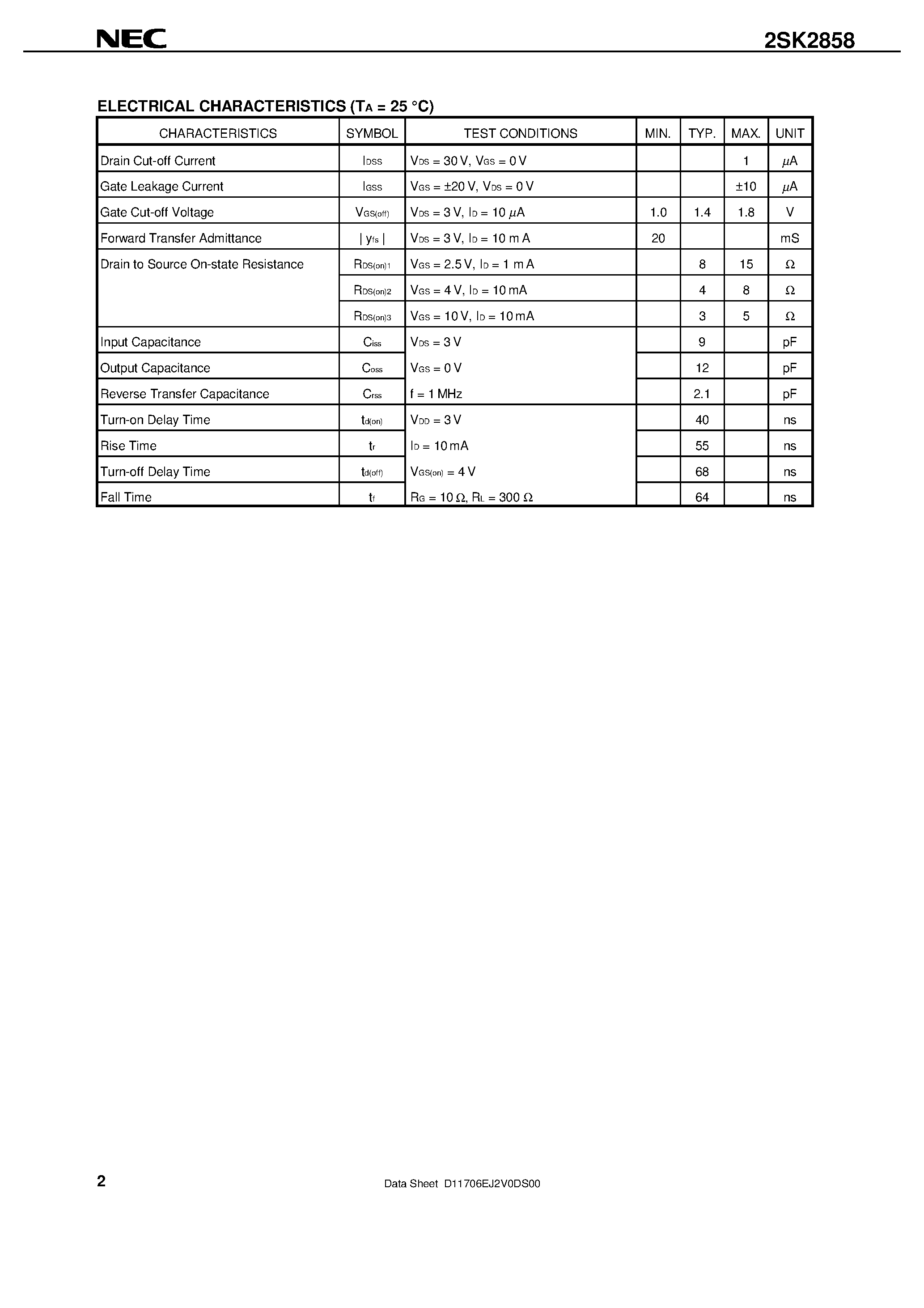 Datasheet 2SK2858 page 2 Datasheet 2SK2858 - N-CHANNEL MOS FIELD EFFECT TRANSISTOR FOR HIGH SPEED SWITCHING page 2
