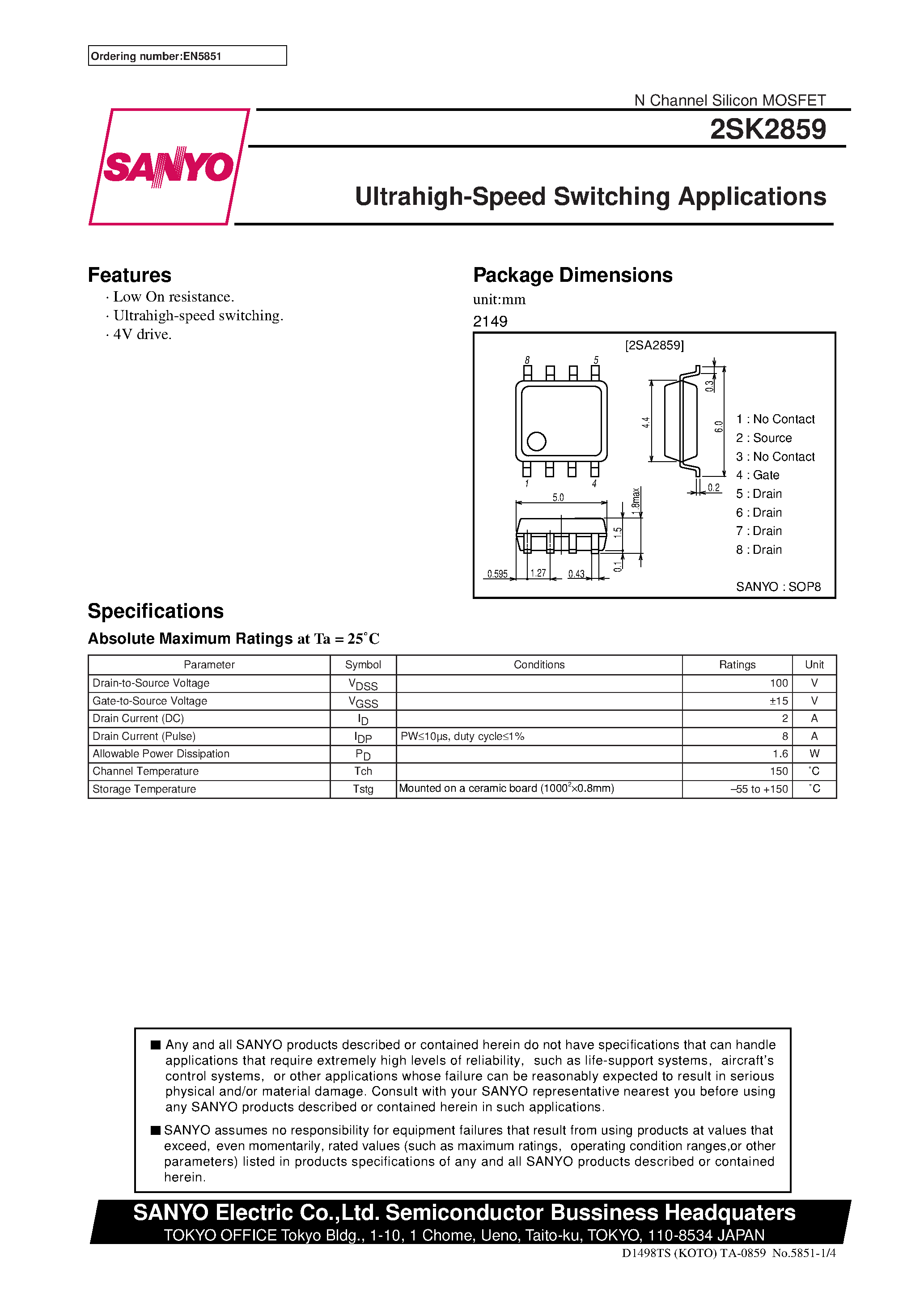 Datasheet 2SK2859 - Ultrahigh-Speed Switching Applications page 1