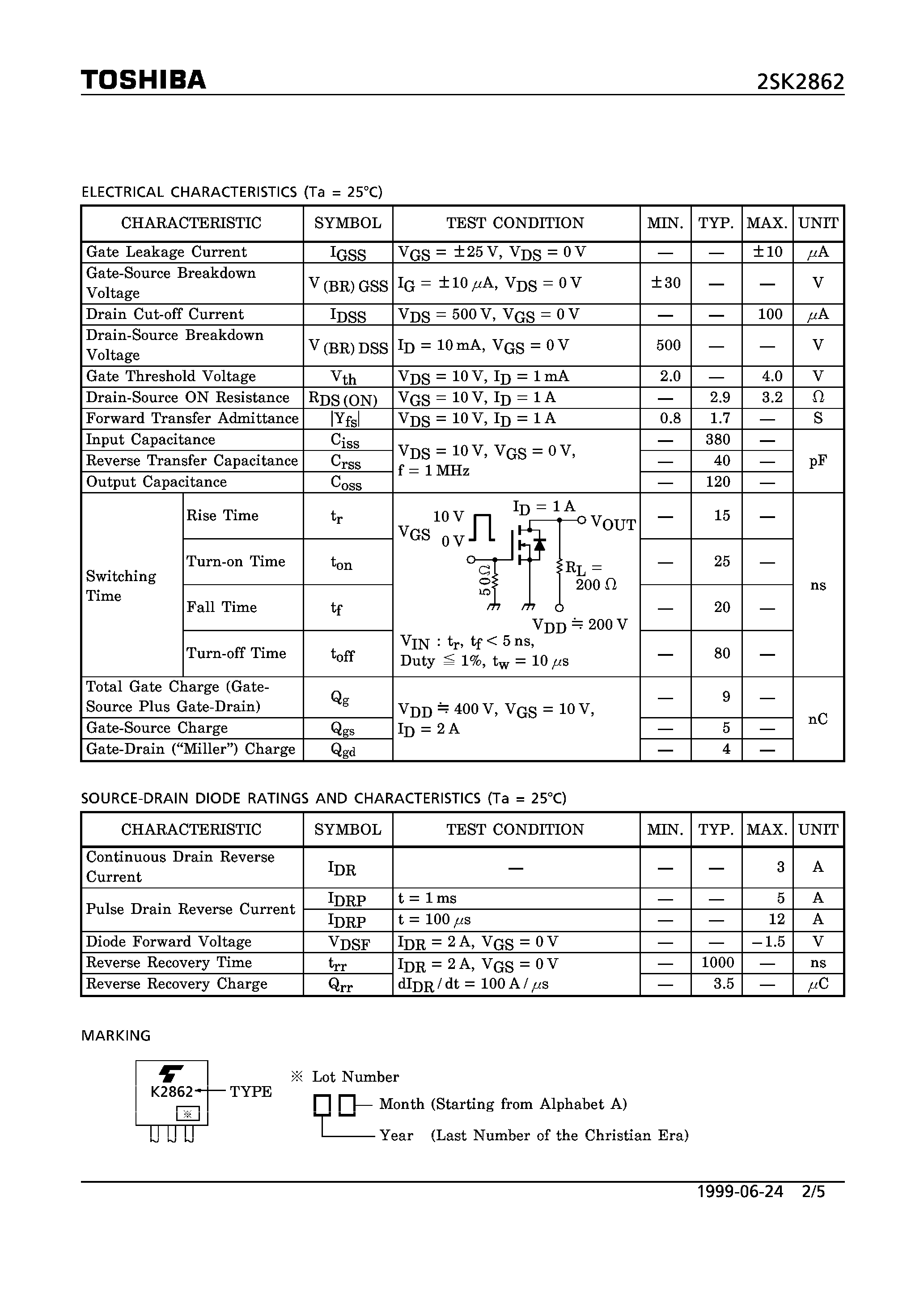 Datasheet 2SK2862 page 2 Datasheet 2SK2862 - N CHANNEL MOS TYPE (HIGH SPEED/ HIGH VOLTAGE SWITCHING/ DC-DC CONVERTER/ RELAY DRIVE AND MOTOR DRIVER APPLICATIONS) page 2