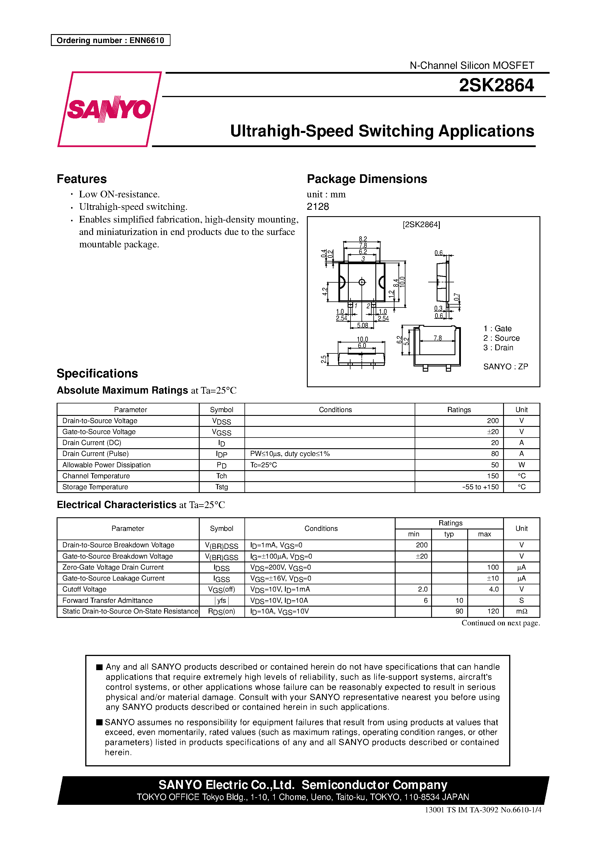 Datasheet 2SK2864 - Ultrahigh-Speed Switching Applications page 1