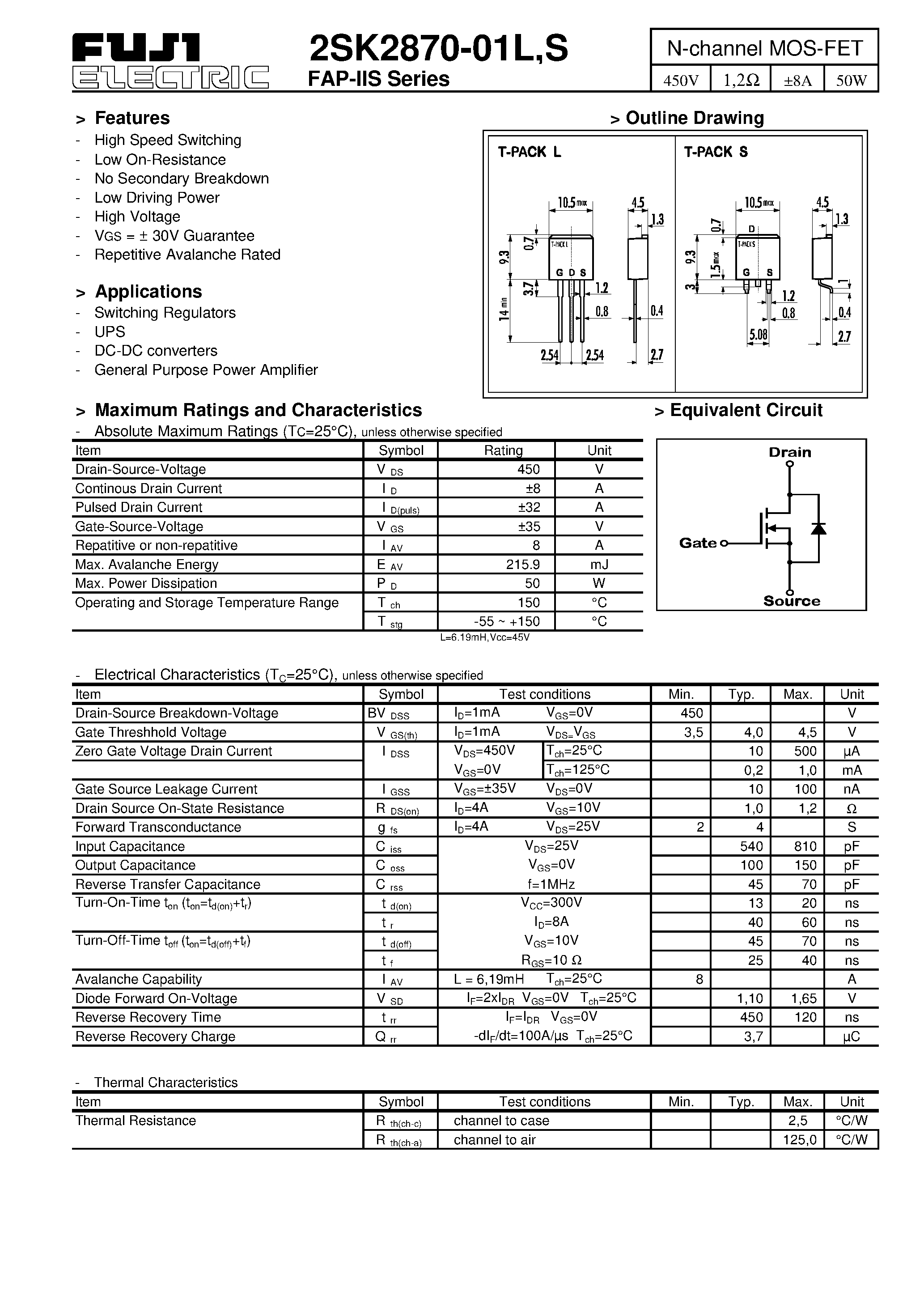 Datasheet 2SK2870-01L - N-channel MOS-FET page 1