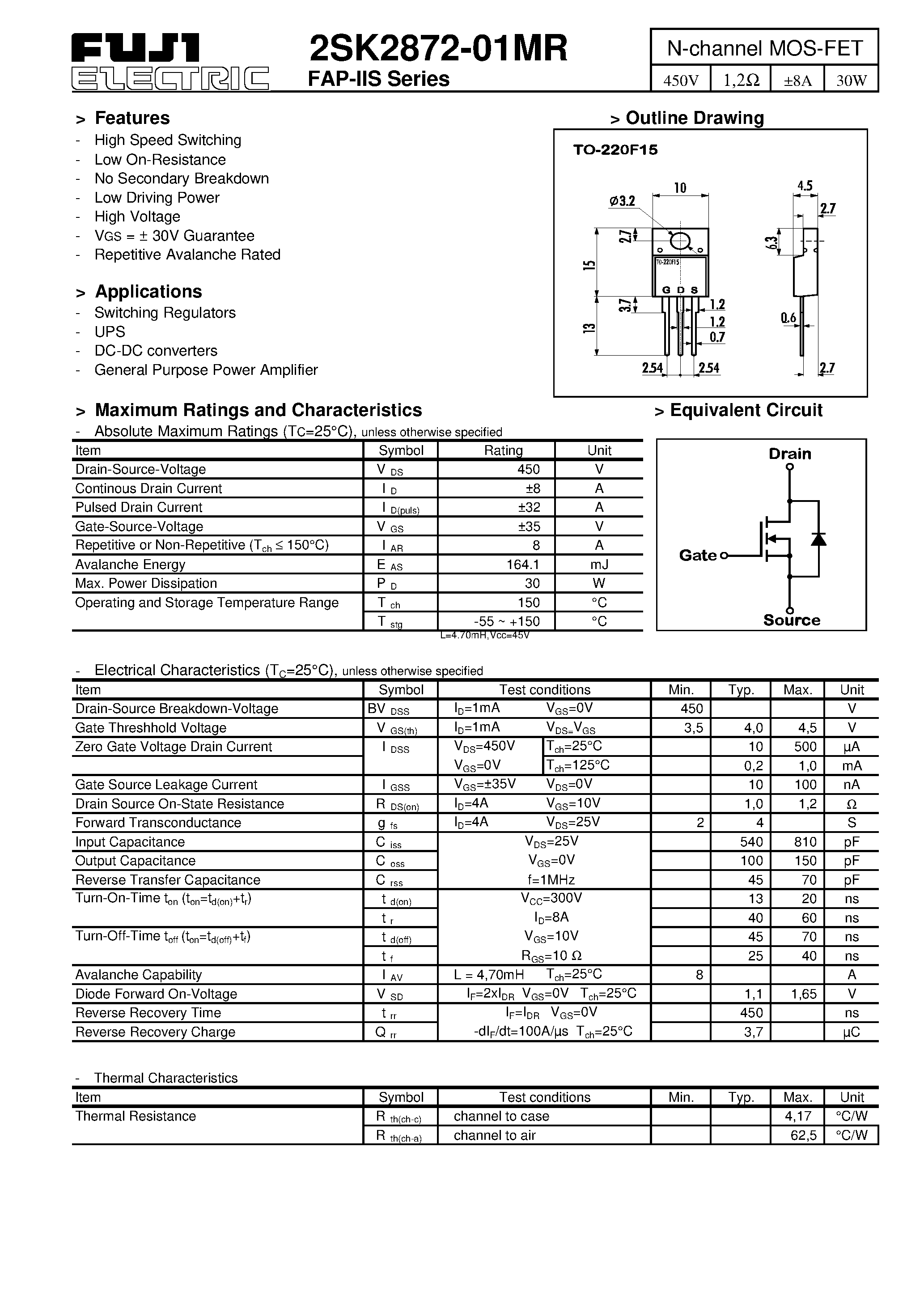 Datasheet 2SK2872-01MR - N-channel MOS-FET page 1