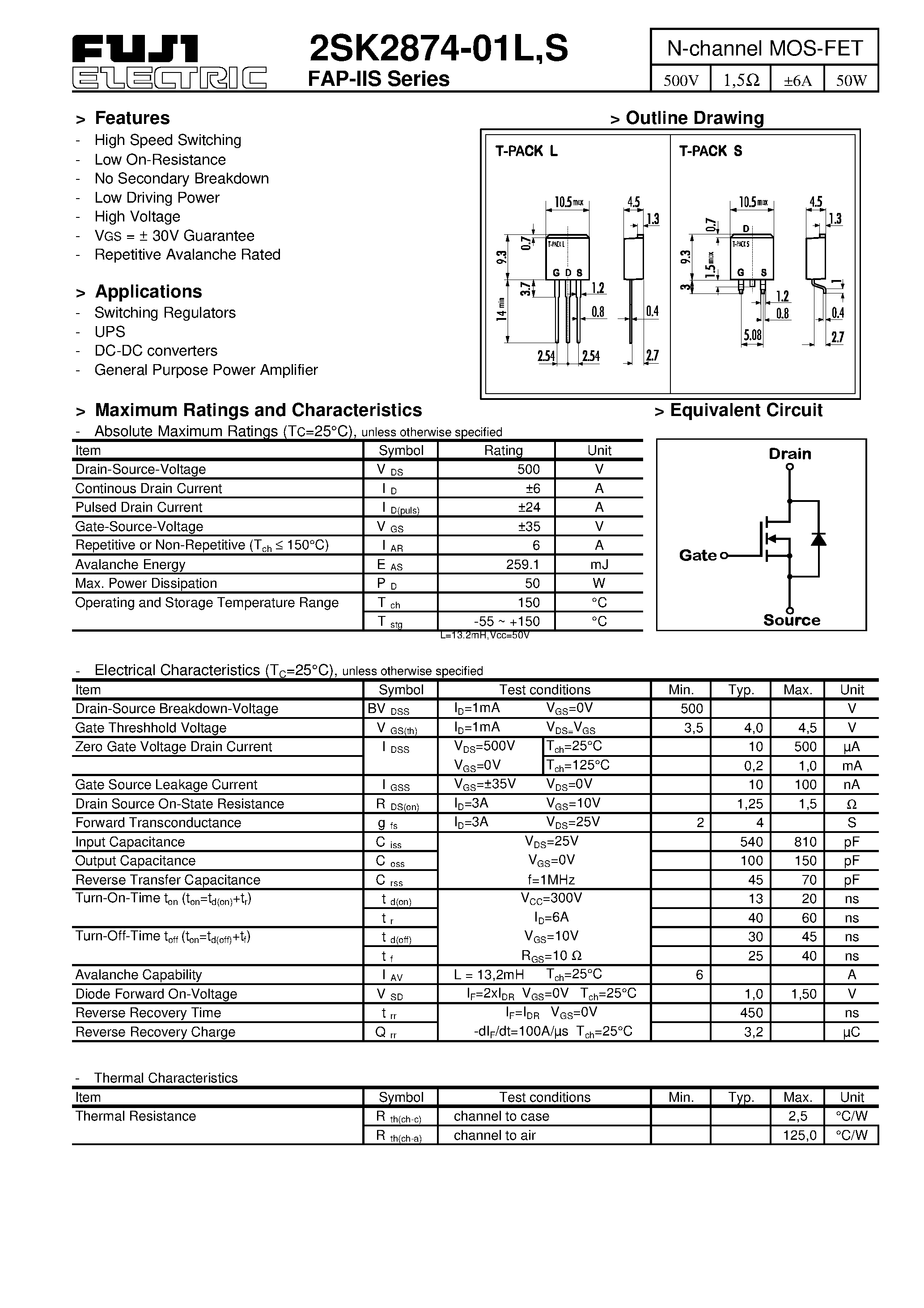 Datasheet 2SK2874-01S - N-channel MOS-FET page 1