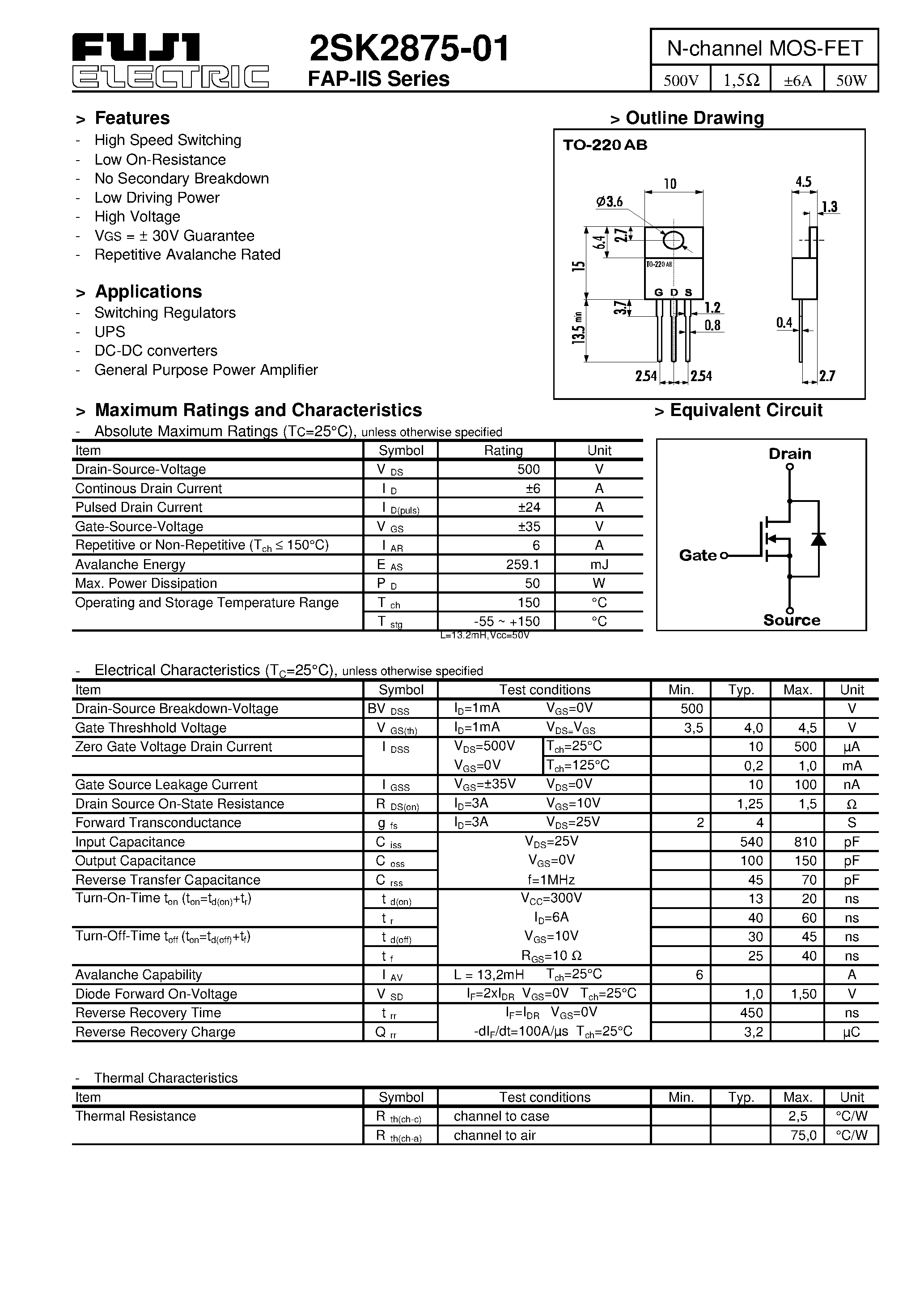 Datasheet 2SK2875-01 page 1 Datasheet 2SK2875-01 - N-channel MOS-FET page 1