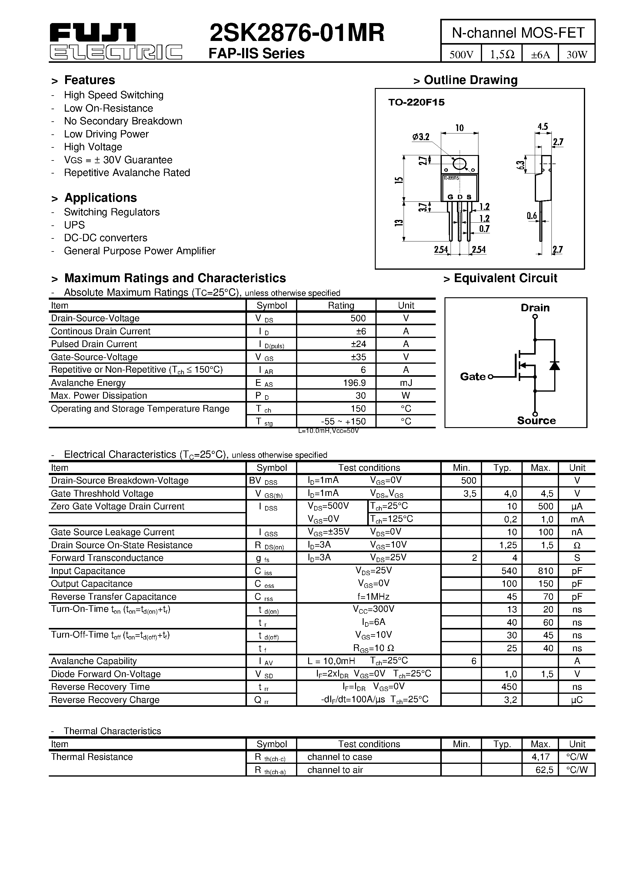 Datasheet 2SK2876-01MR - N-channel MOS-FET page 1