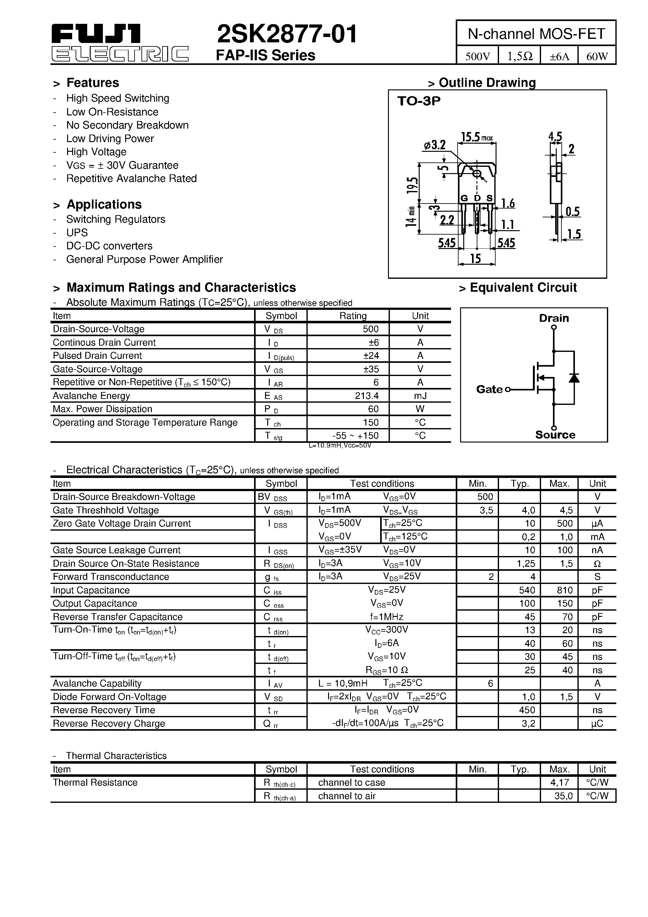 Datasheet 2SK2877-01 page 1 Datasheet 2SK2877-01 - N-channel MOS-FET page 1