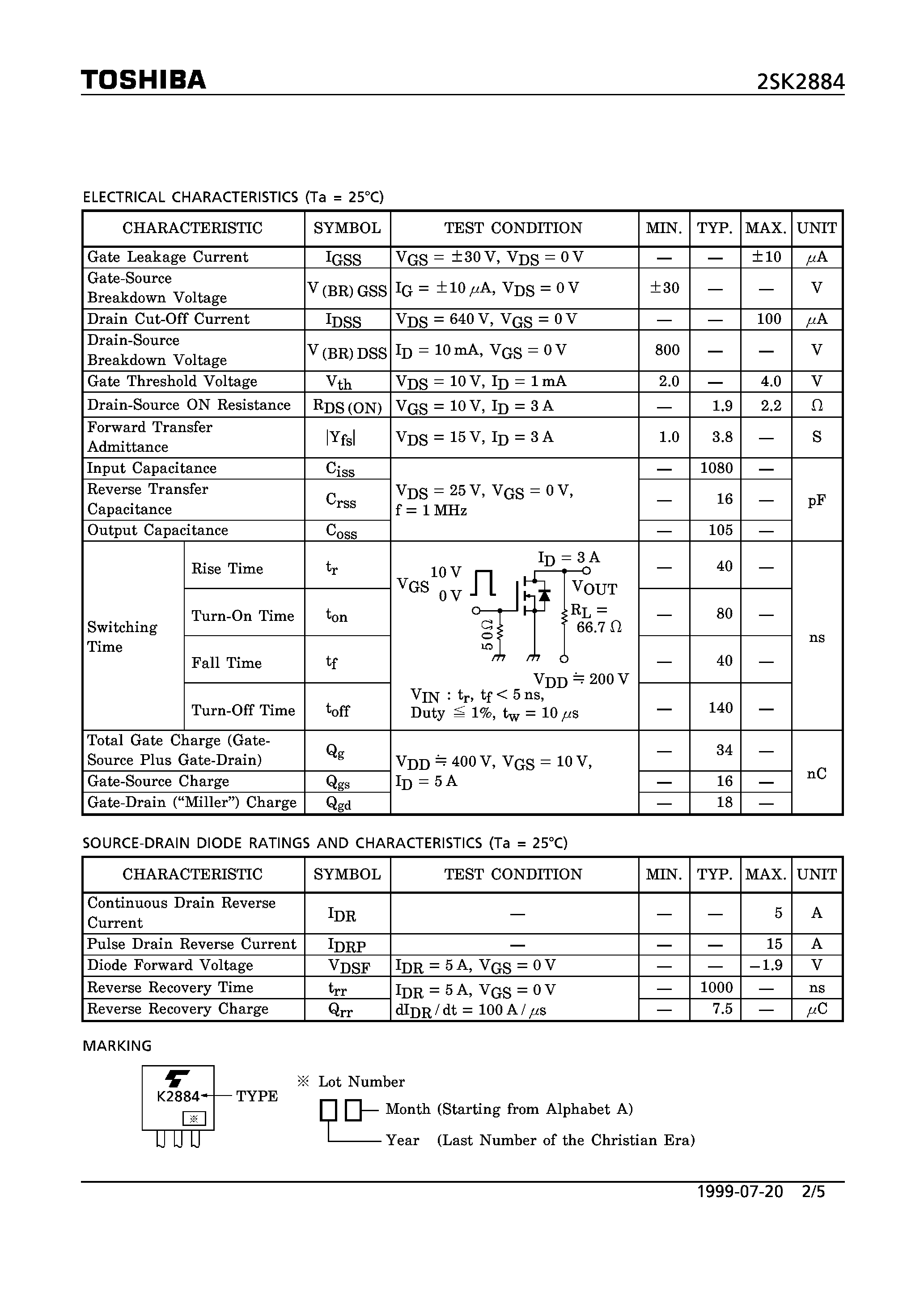 Datasheet 2SK2884 - N CHANNEL MOS TYPE (HIGH SPEED/ HIGH CURRENT SWITCHING/ CHOPPER REGULATOR/ DC-DC CONVERTERAND APPLICATIONS) page 2