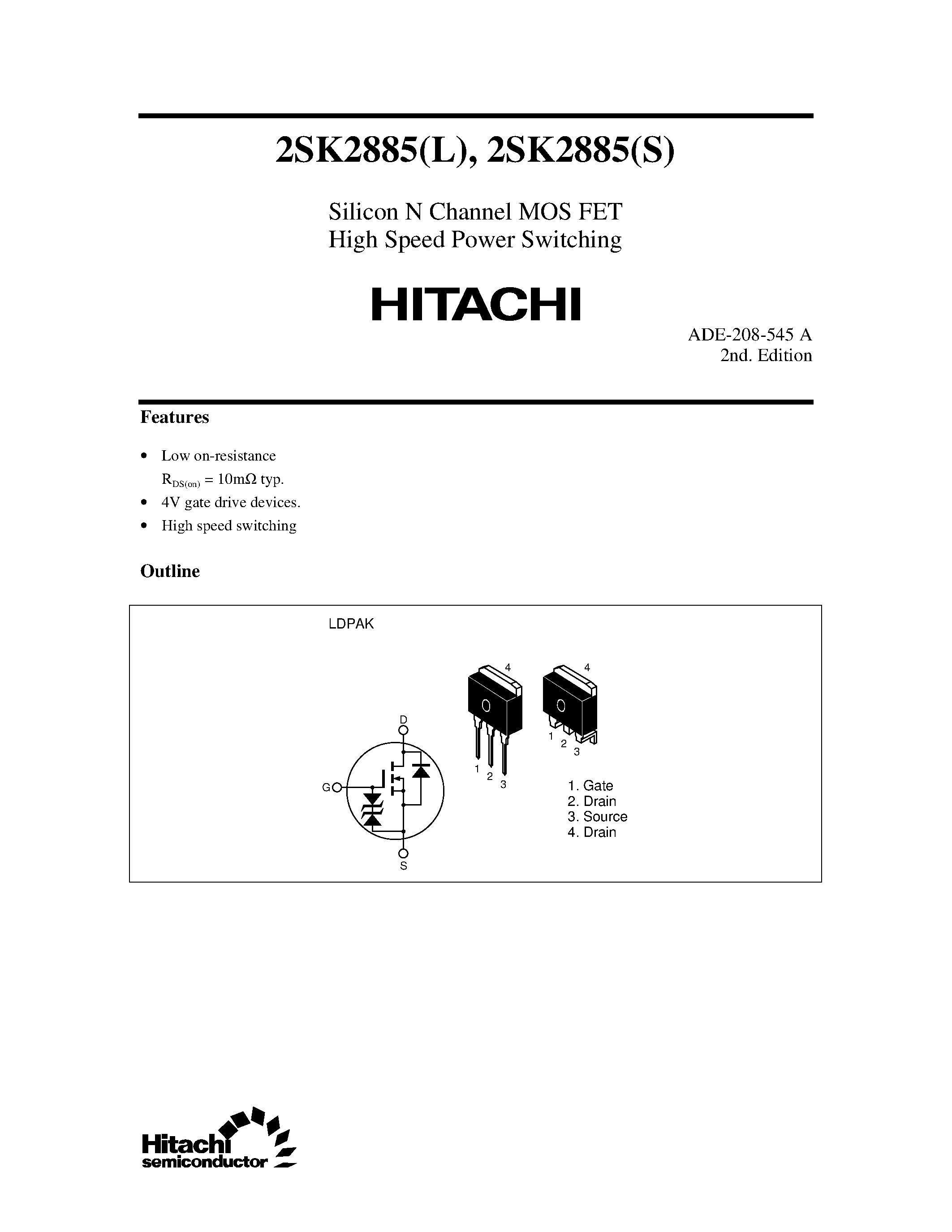 Datasheet 2SK2885 page 1 Datasheet 2SK2885 - Silicon N Channel MOS FET High Speed Power Switching page 1