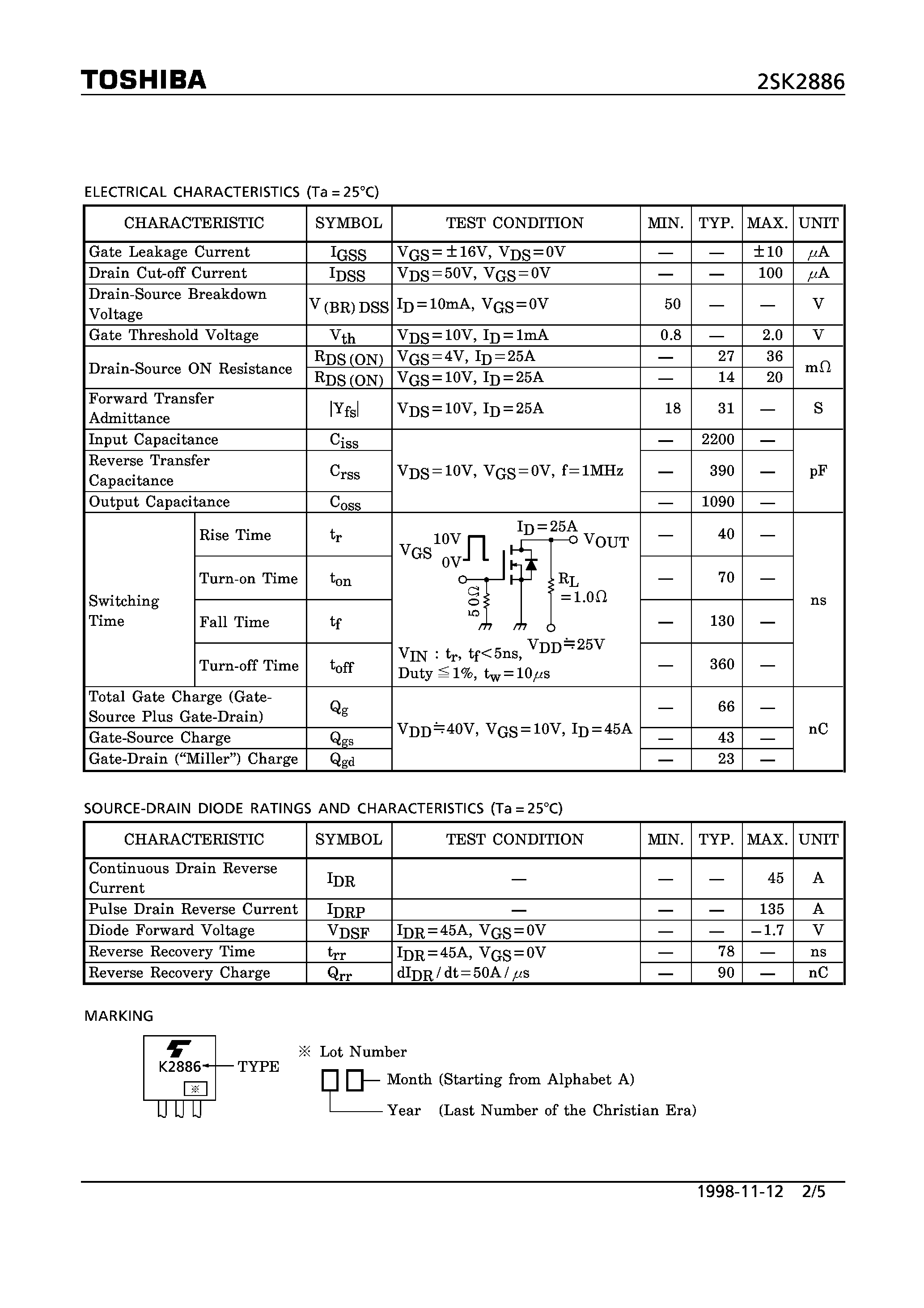 Datasheet 2SK2886 - N CHANNEL MOS TYPE (HIGH SPEED/ HIGH CURRENT SWITCHING/ CHOPPER REGULATOR/ DC-DC CONVERTERAND AND MOTOR DRIVE APPLICATIONS) page 2