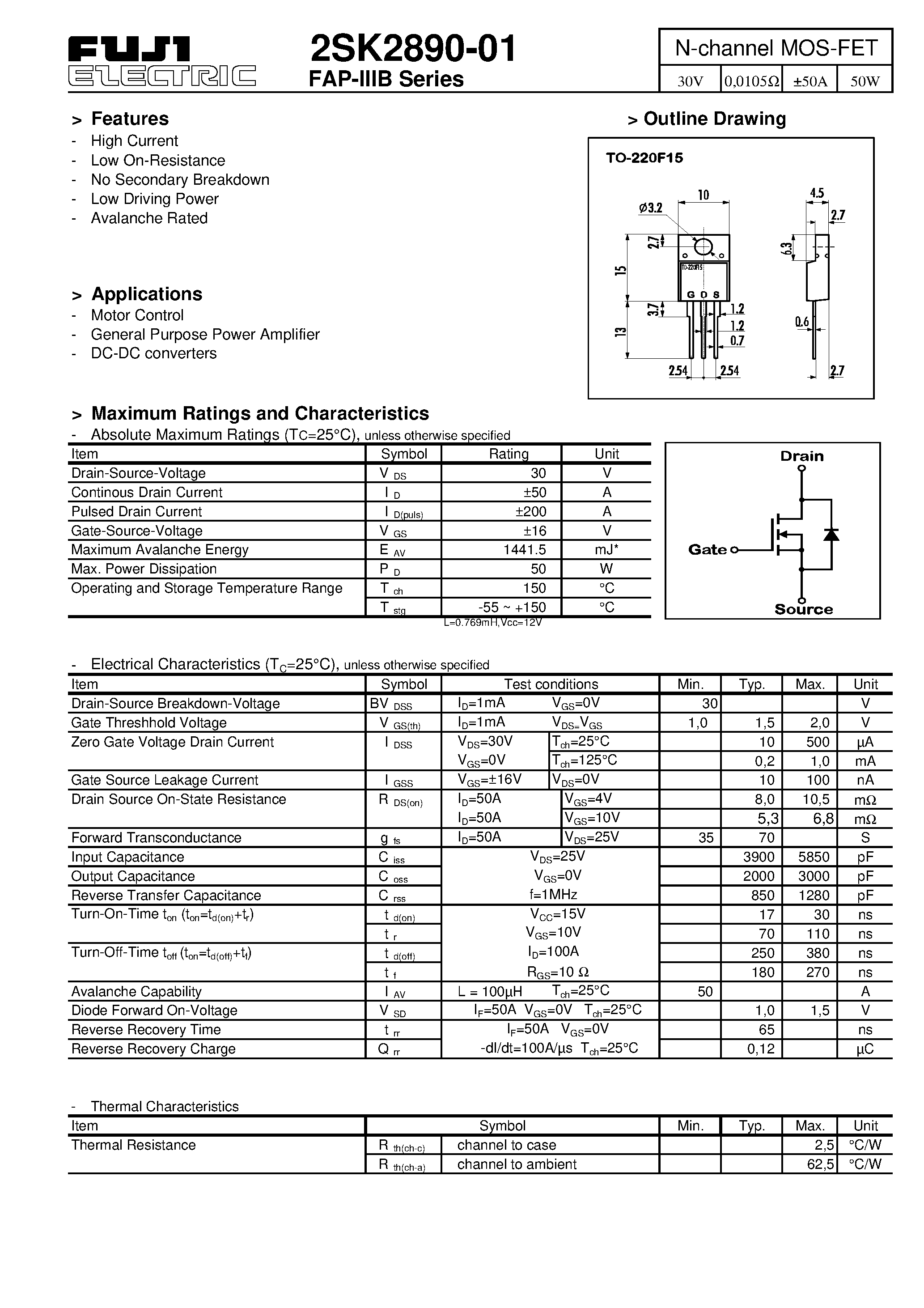 Datasheet 2SK2890-01 page 1 Datasheet 2SK2890-01 - N-channel MOS-FET page 1
