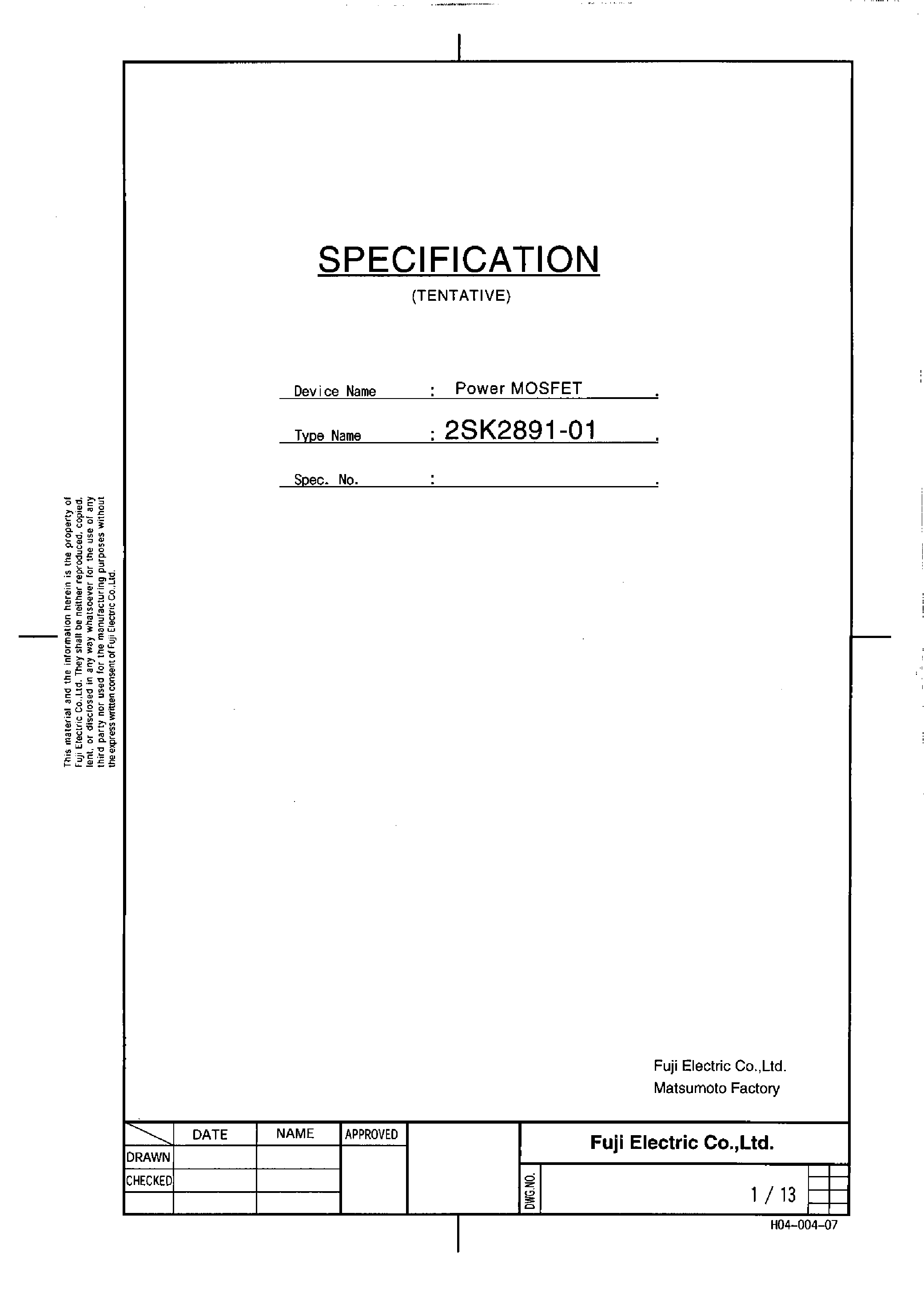 Datasheet 2SK2891-01 - Power MOSFET page 1