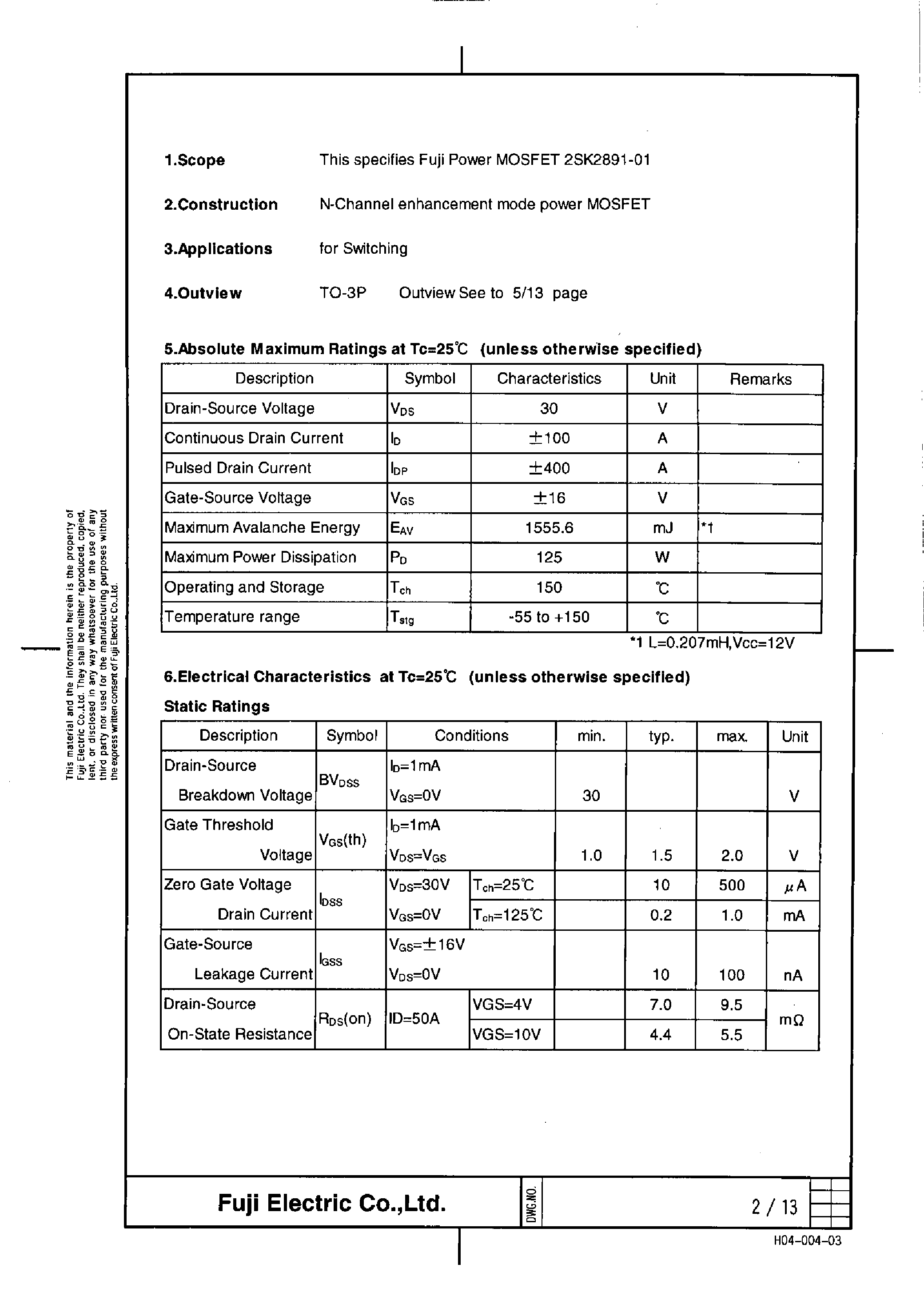 Datasheet 2SK2891-01 - Power MOSFET page 2