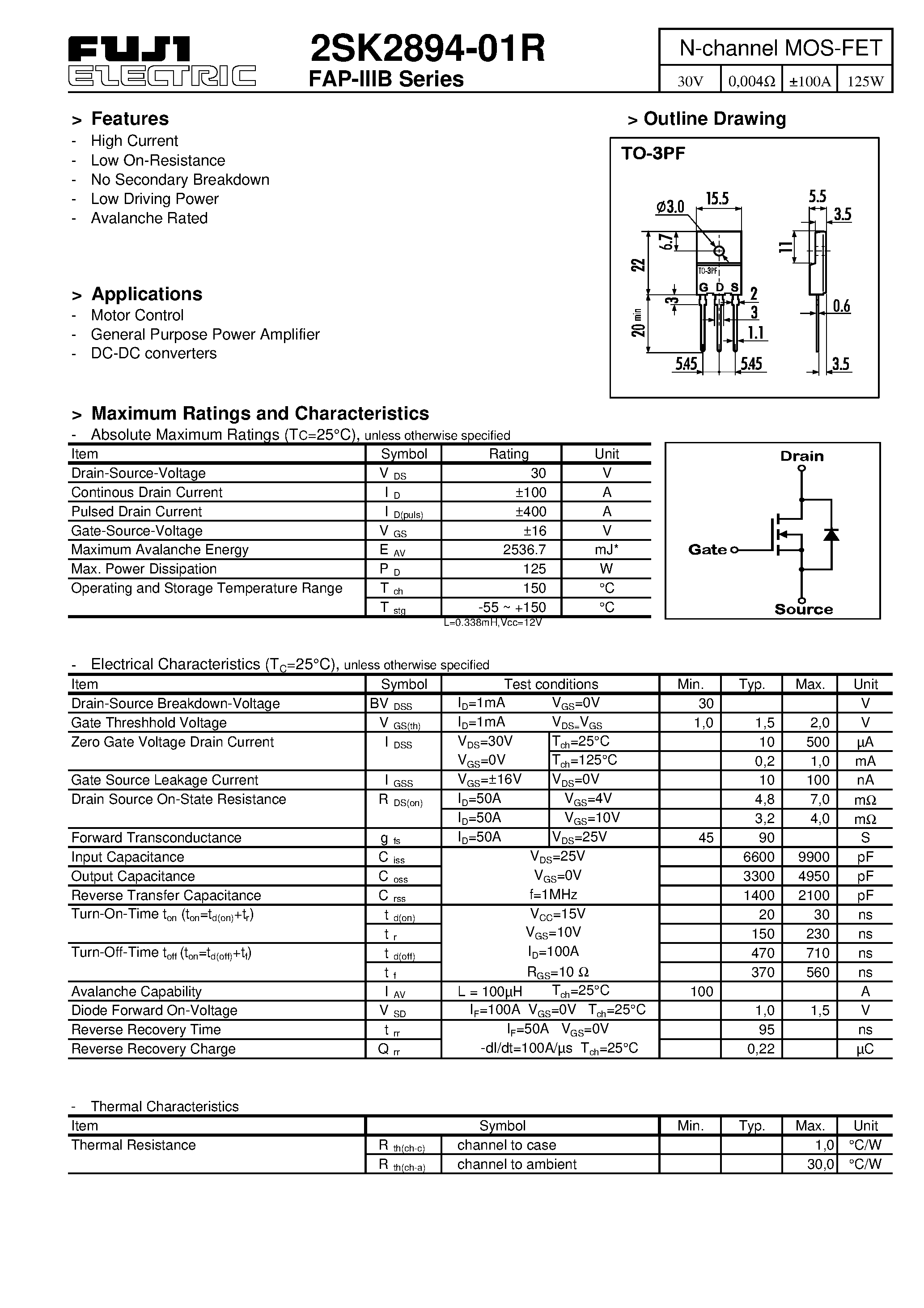 Datasheet 2SK2894-01R page 1 Datasheet 2SK2894-01R - N-channel MOS-FET page 1