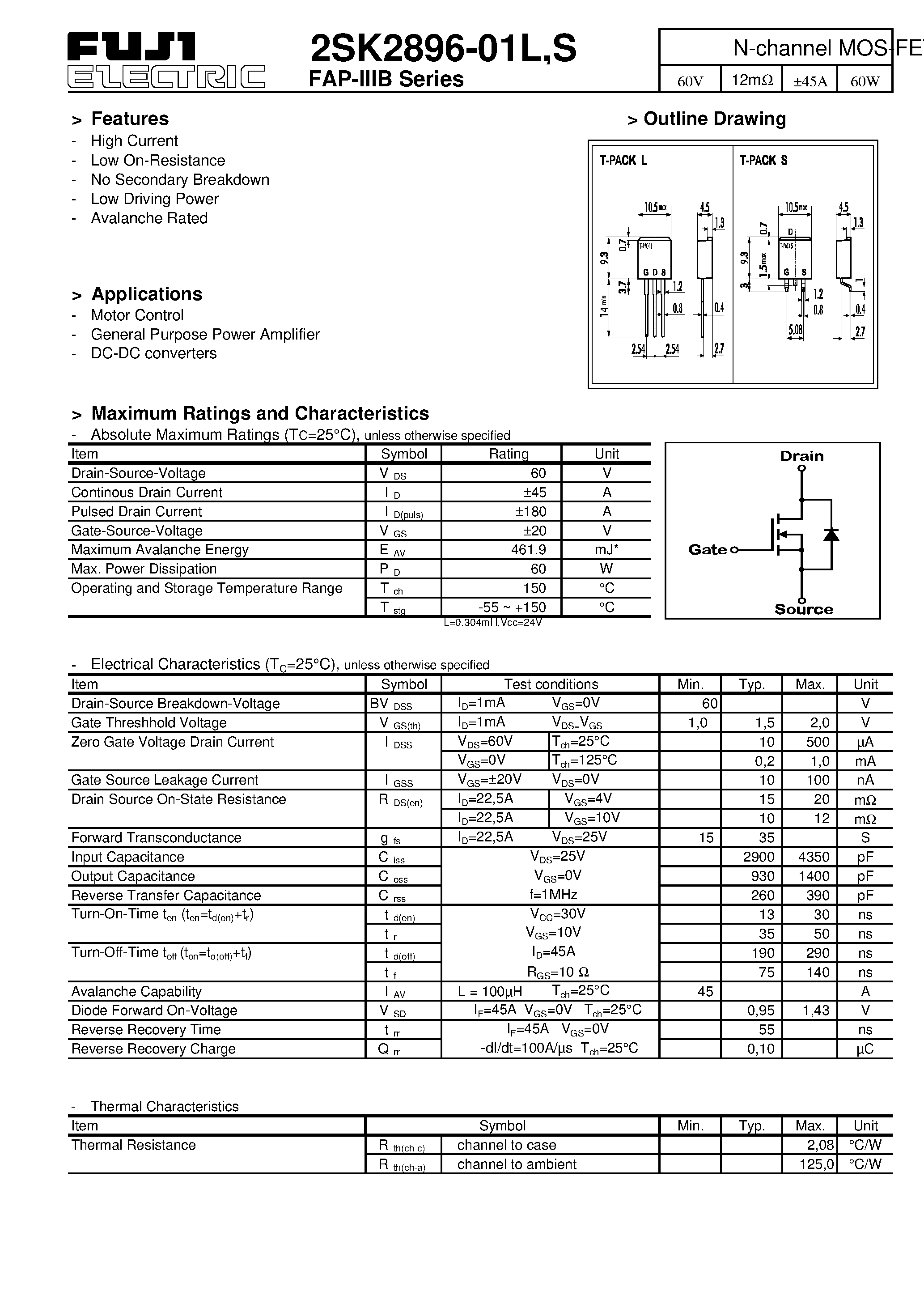 Datasheet 2SK2896-01L - N-channel MOS-FET page 1