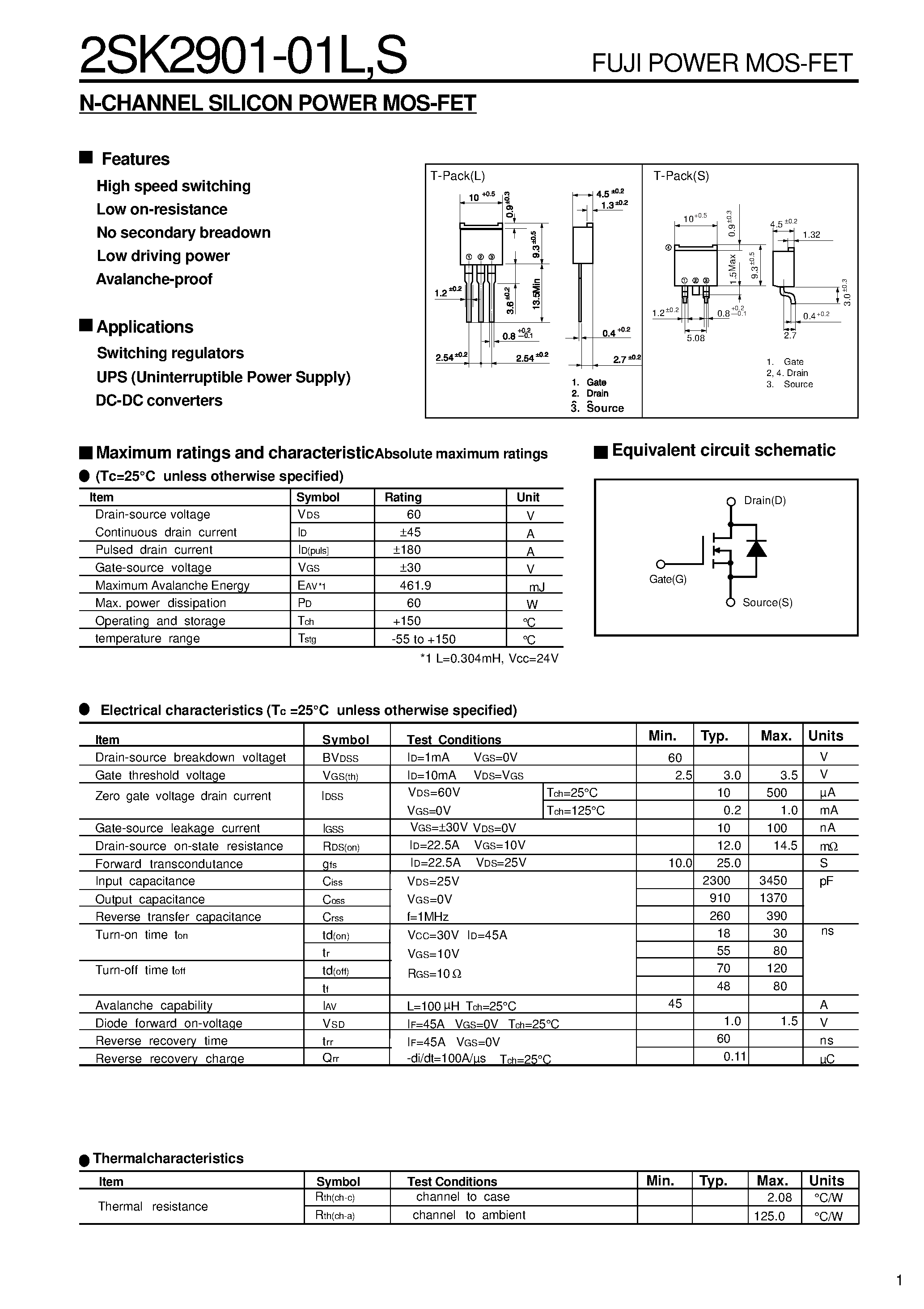 Datasheet 2SK2901-01L - N-CHANNEL SILICON POWER MOS-FET page 1