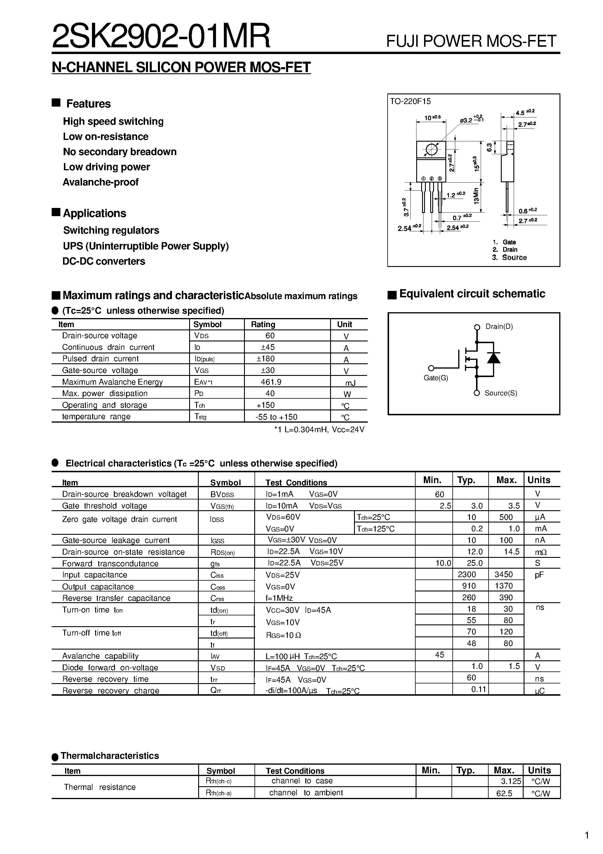 Datasheet 2SK2902-01MR page 1 Datasheet 2SK2902-01MR - N-CHANNEL SILICON POWER MOS-FET page 1