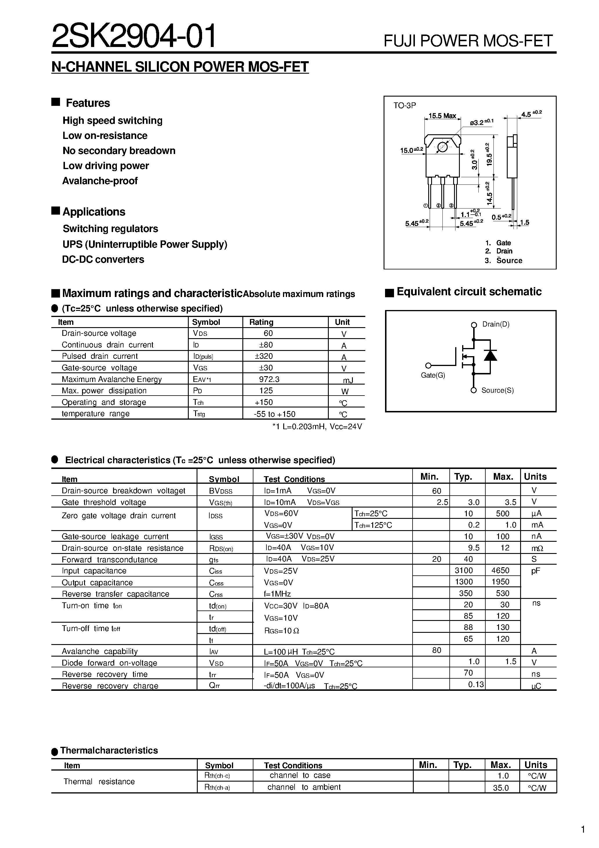 Datasheet 2SK2904-01 - N-CHANNEL SILICON POWER MOS-FET page 1