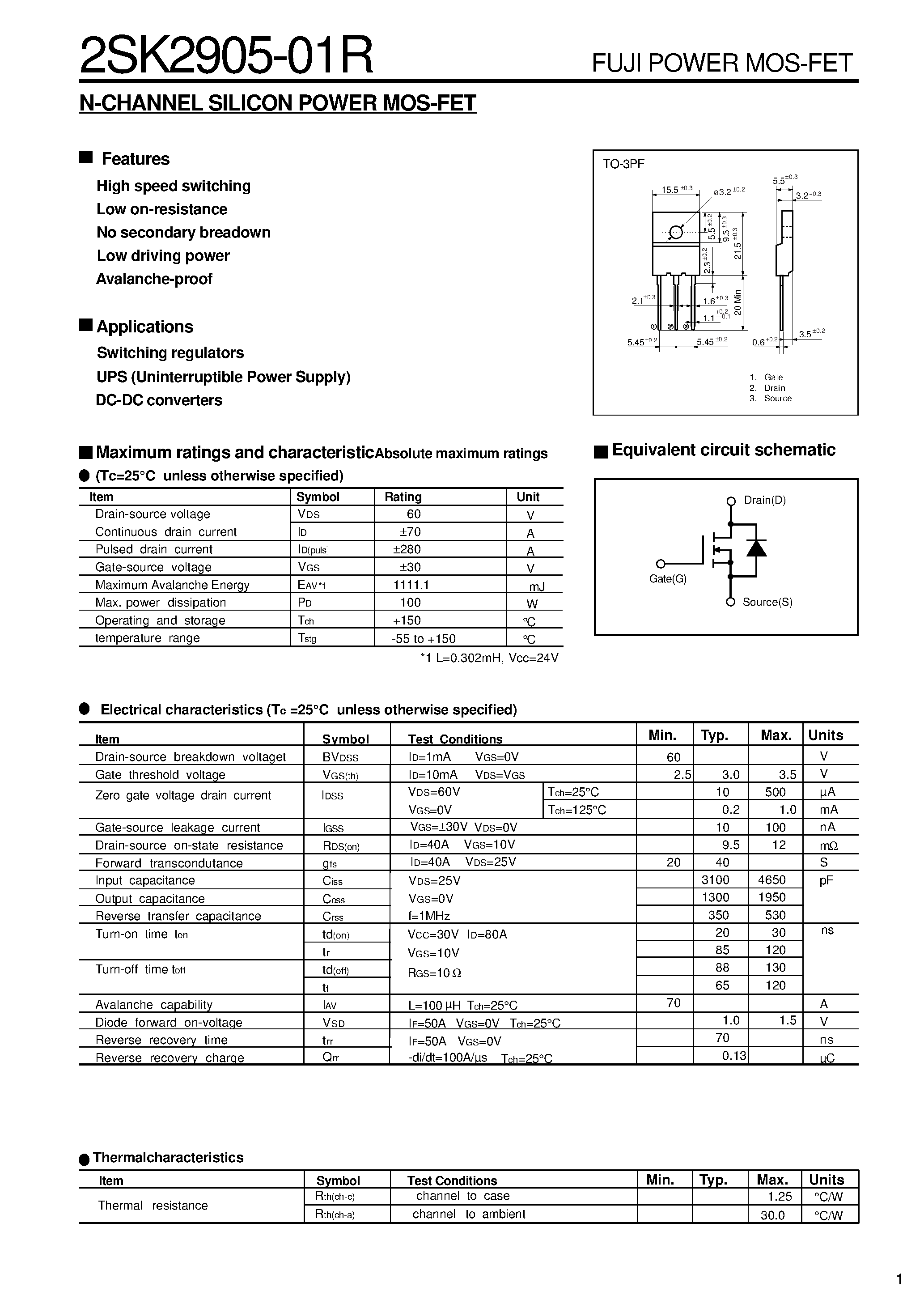 Datasheet 2SK2905-01R - N-CHANNEL SILICON POWER MOS-FET page 1