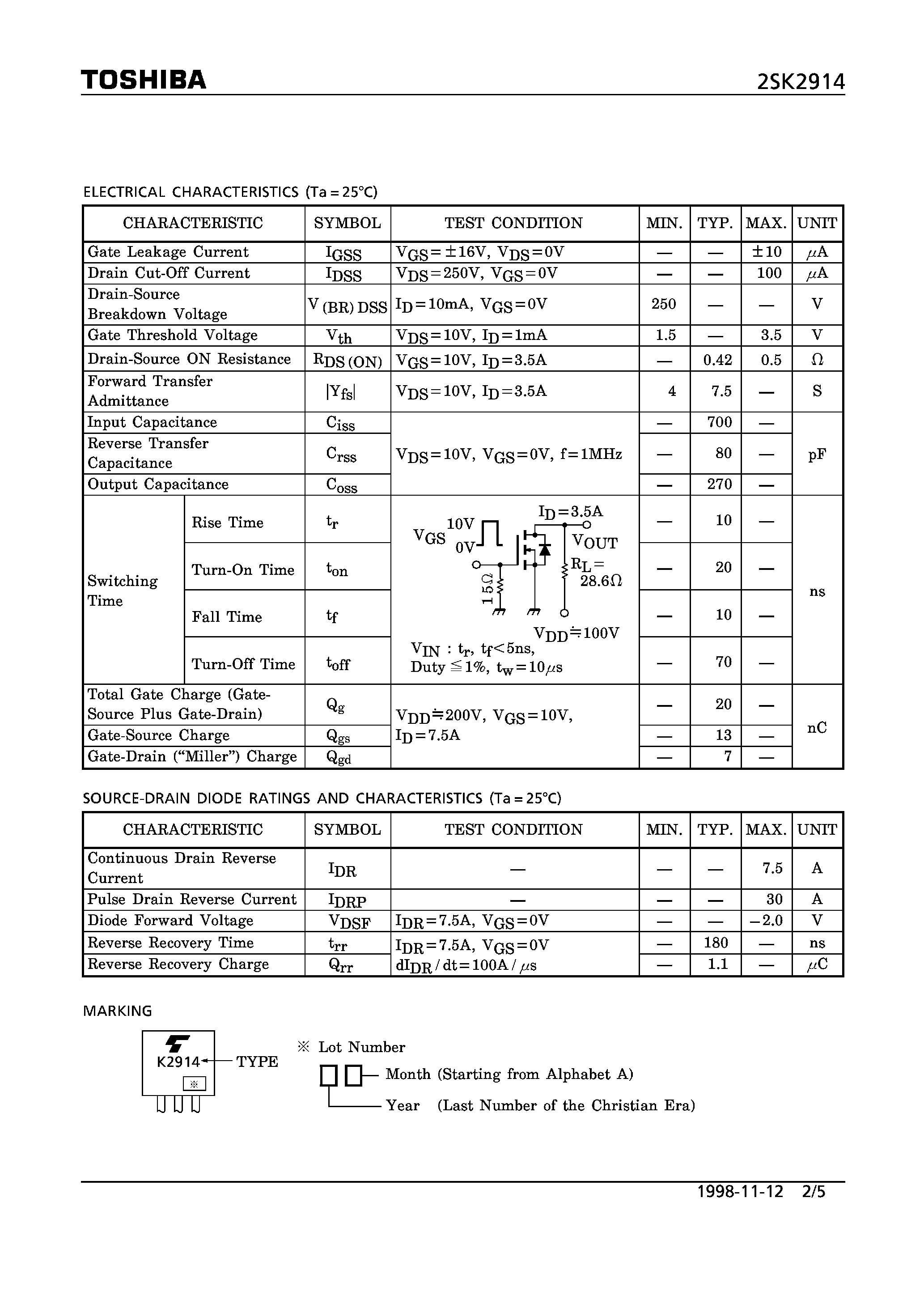 Даташит 2SK2914 - N CHANNEL MOS TYPE (HIGH SPEED/ HIGH CURRENT SWITCHING/ CHOPPER REGULATOR/ DC-DC CONVERTERAND AND MOTOR DRIVE APPLICATIONS) страница 2