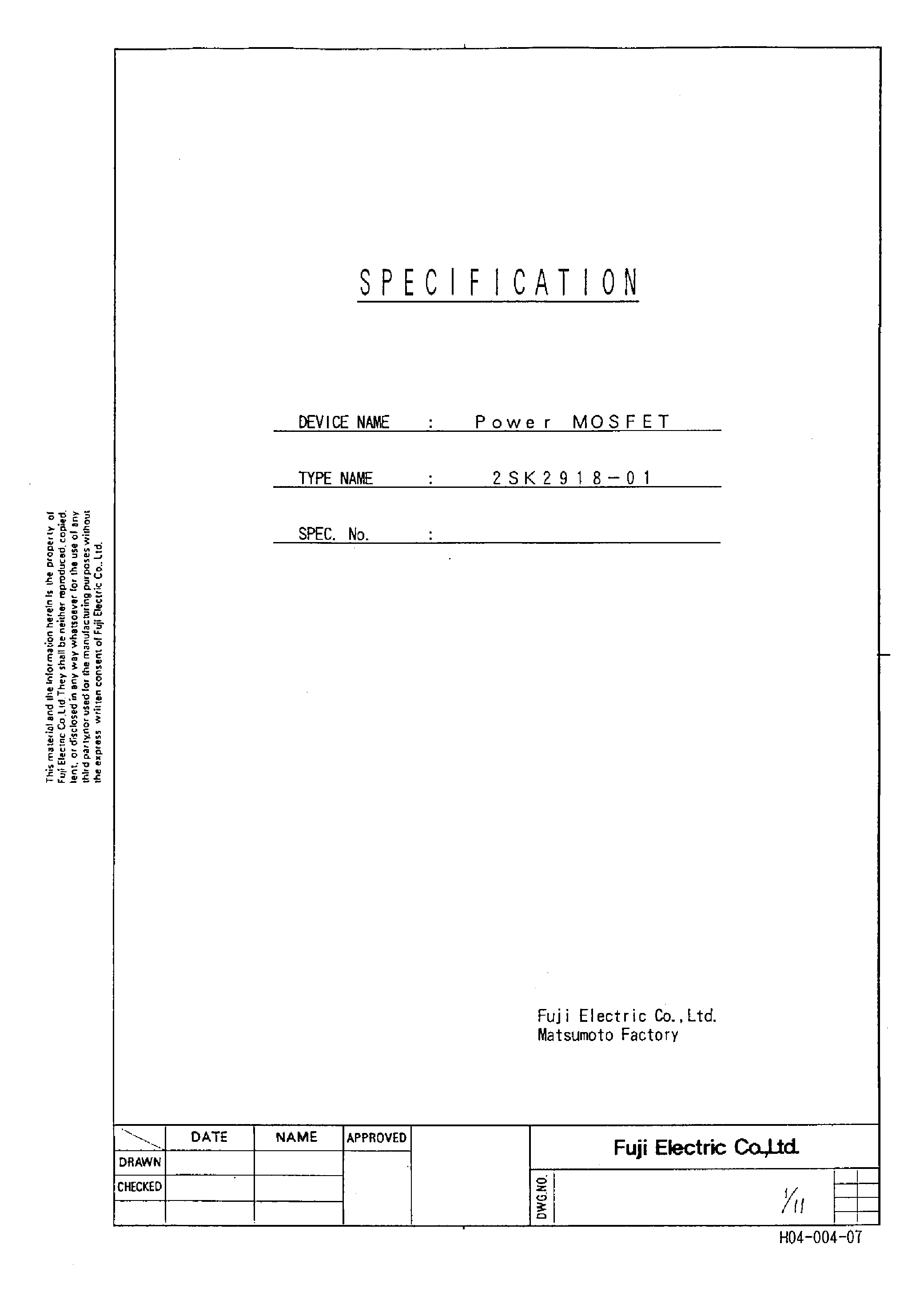 Даташит 2SK2918-01 - Power MOSFET страница 1
