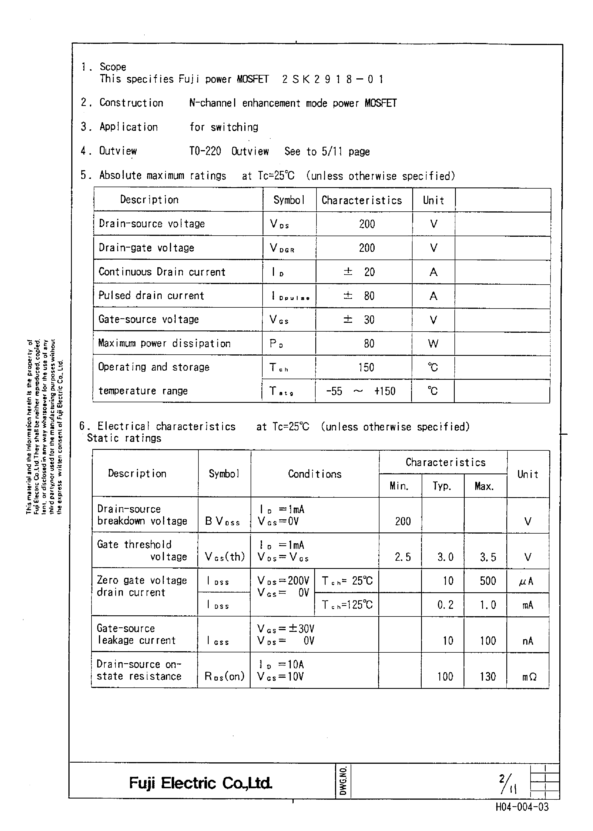Даташит 2SK2918-01 - Power MOSFET страница 2