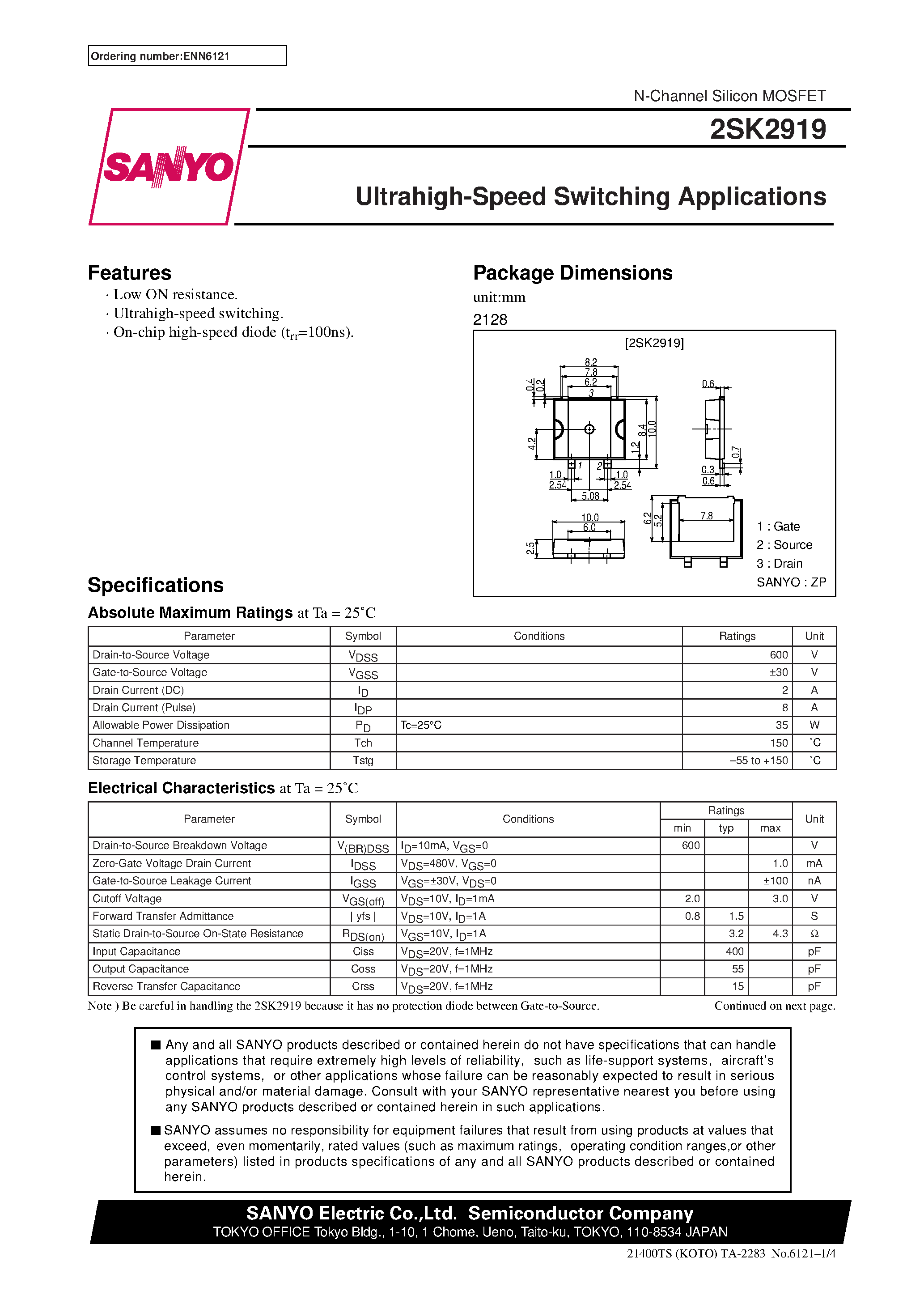 Даташит 2SK2919 - Ultrahigh-Speed Switching Applications страница 1