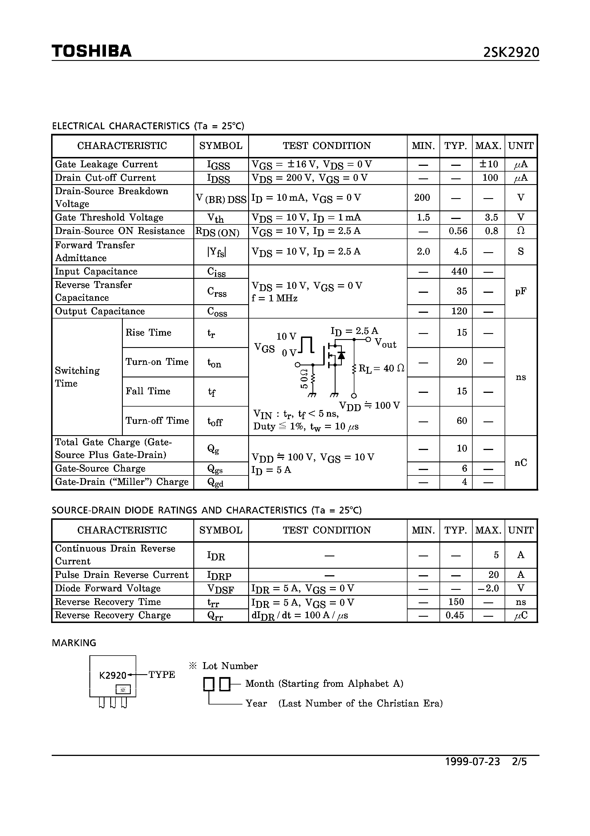 Даташит 2SK2920 - N CHANNEL MOS TYPE (HIGH SPEED/ HIGH CURRENT SWITCHING/ CHOPPER REGULATOR/ DC-DC CONVERTERAND AND MOTOR DRIVE APPLICATIONS) страница 2