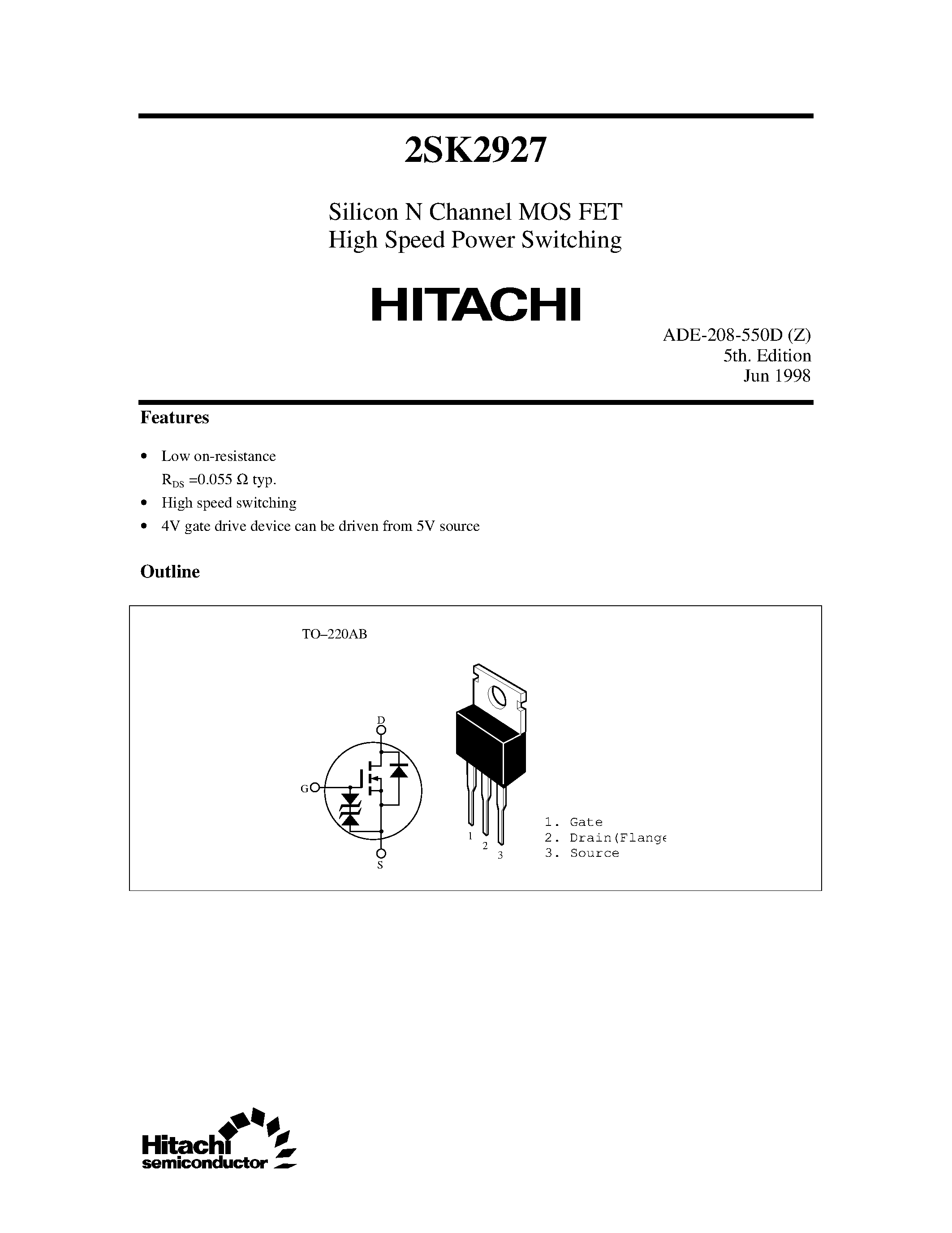 Даташит 2SK2927 - Silicon N Channel MOS FET High Speed Power Switching страница 1