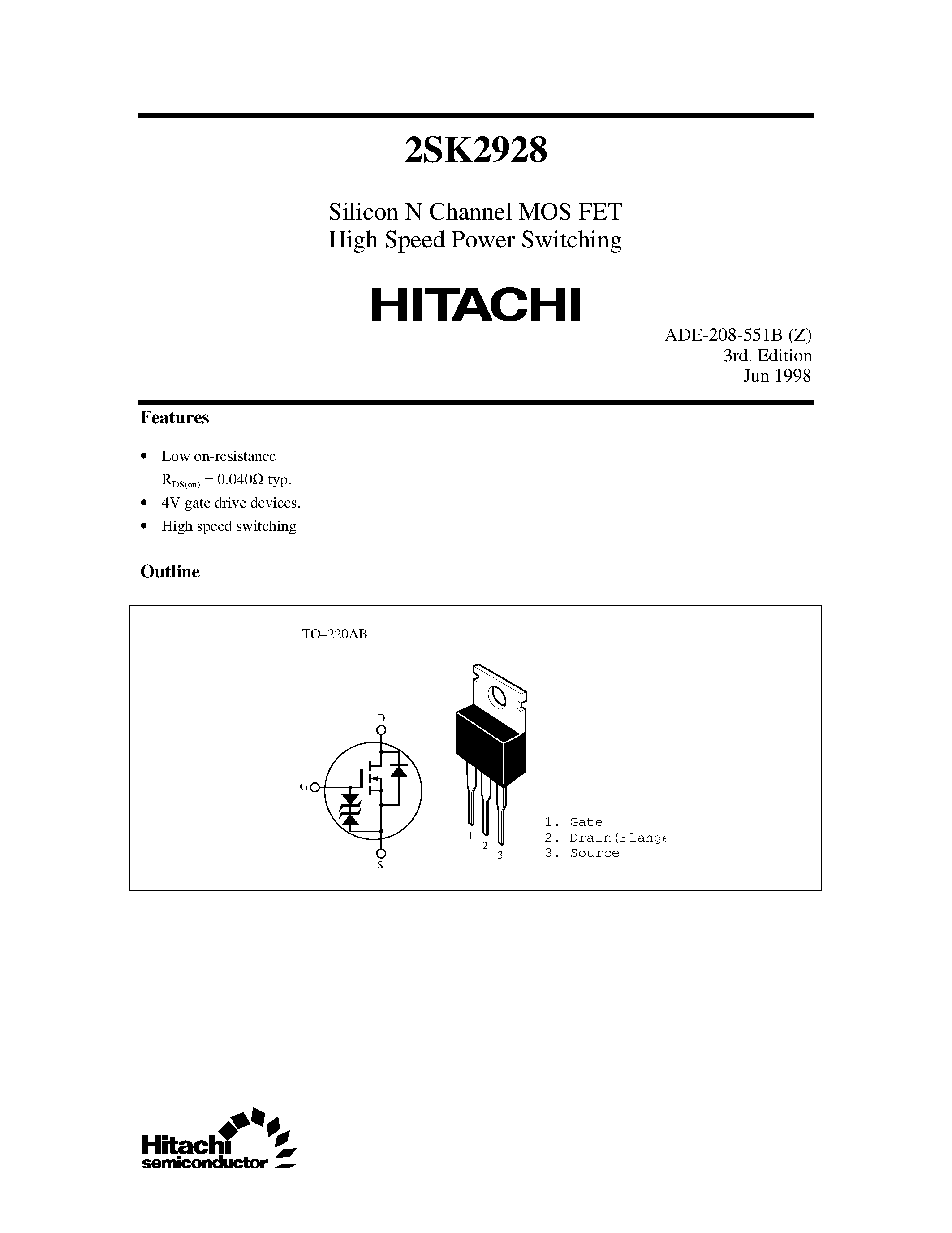 Даташит 2SK2928 - Silicon N Channel MOS FET High Speed Power Switching страница 1