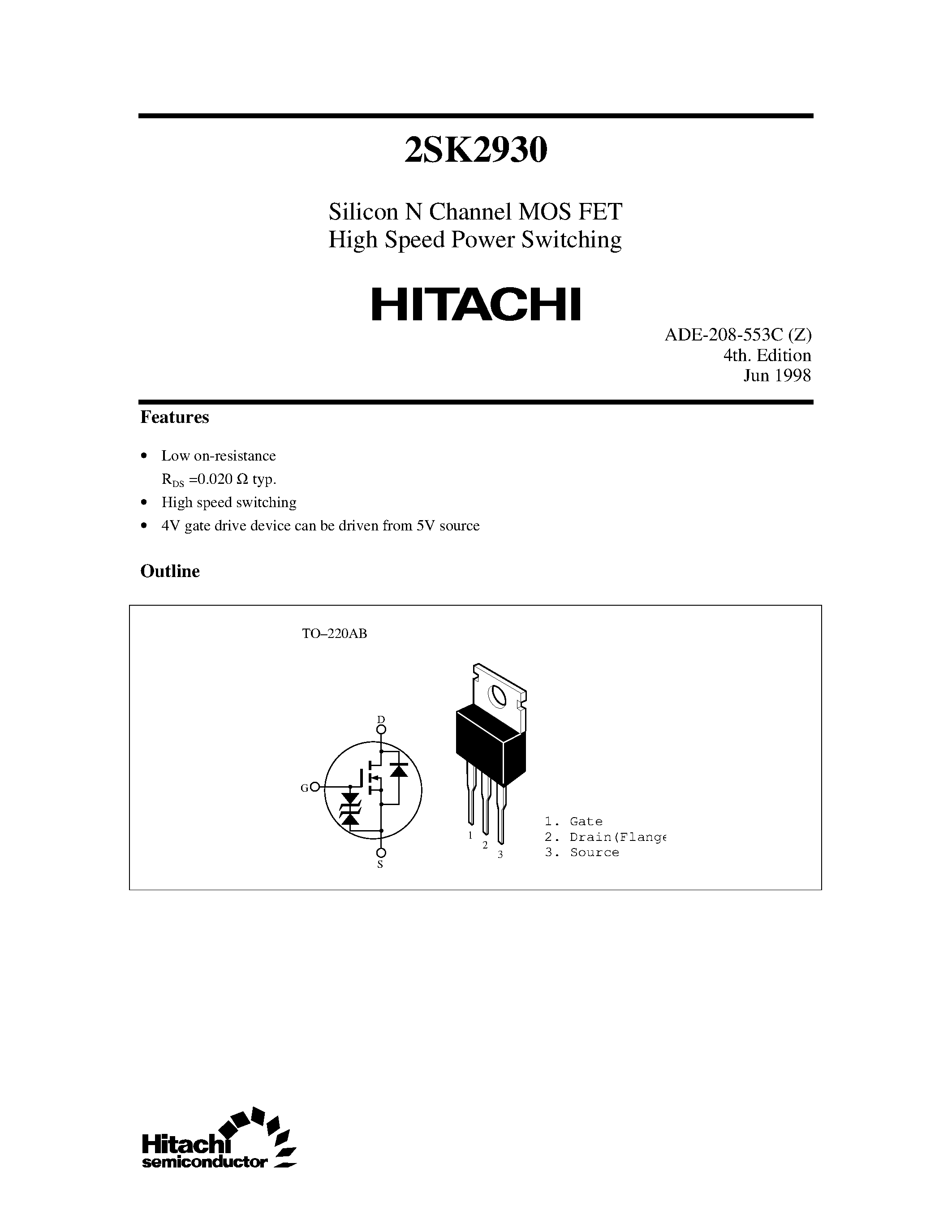 Даташит 2SK2930 - Silicon N Channel MOS FET High Speed Power Switching страница 1