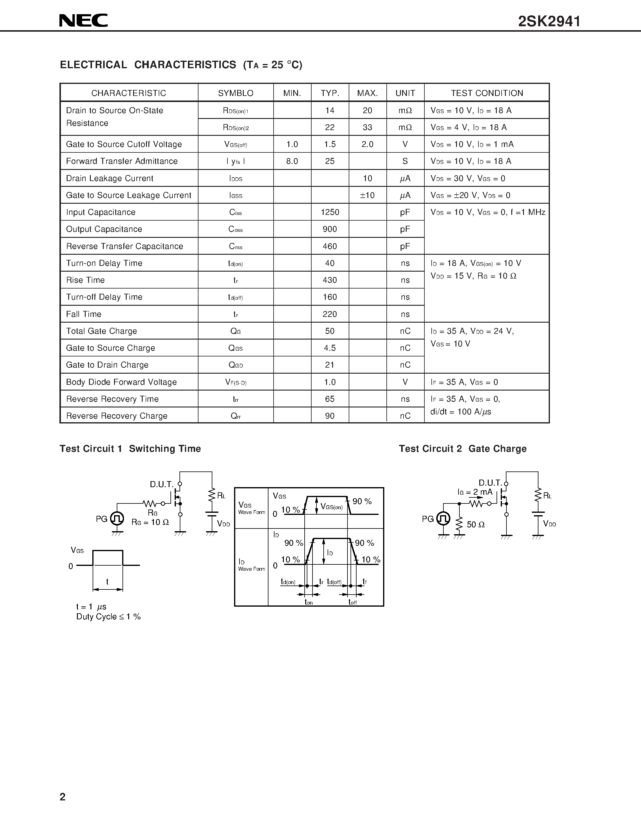 Даташит 2SK2941 - SWITCHING N-CHANNEL POWER MOS FET INDUSTRIAL USE страница 2