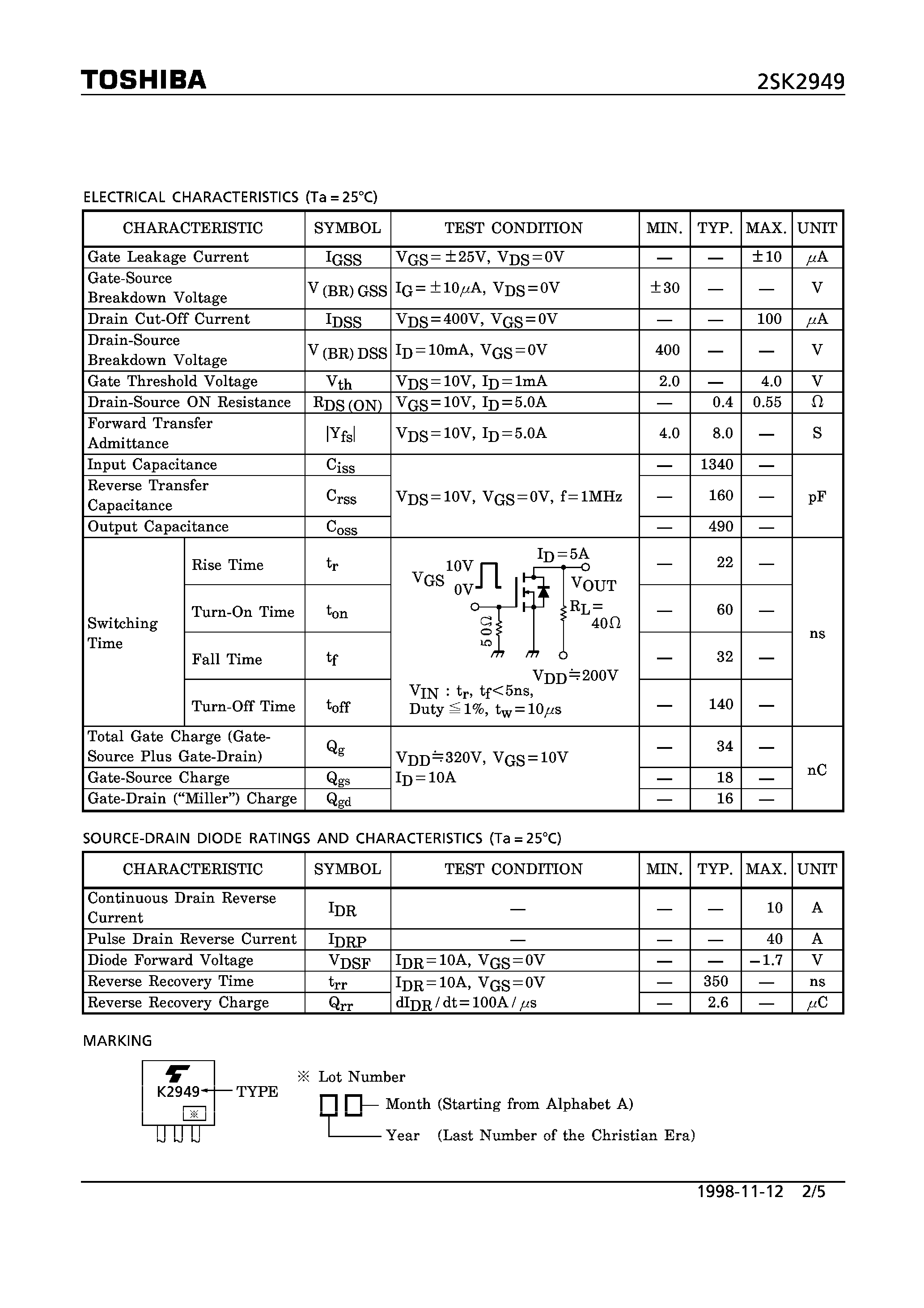 Даташит 2SK2949 - N CHANNEL MOS TYPE (HIGH SPEED/ HIGH CURRENT SWITCHING/ CHOPPER REGULATOR/ DC-DC CONVERTERAND AND MOTOR DRIVE APPLICATIONS) страница 2