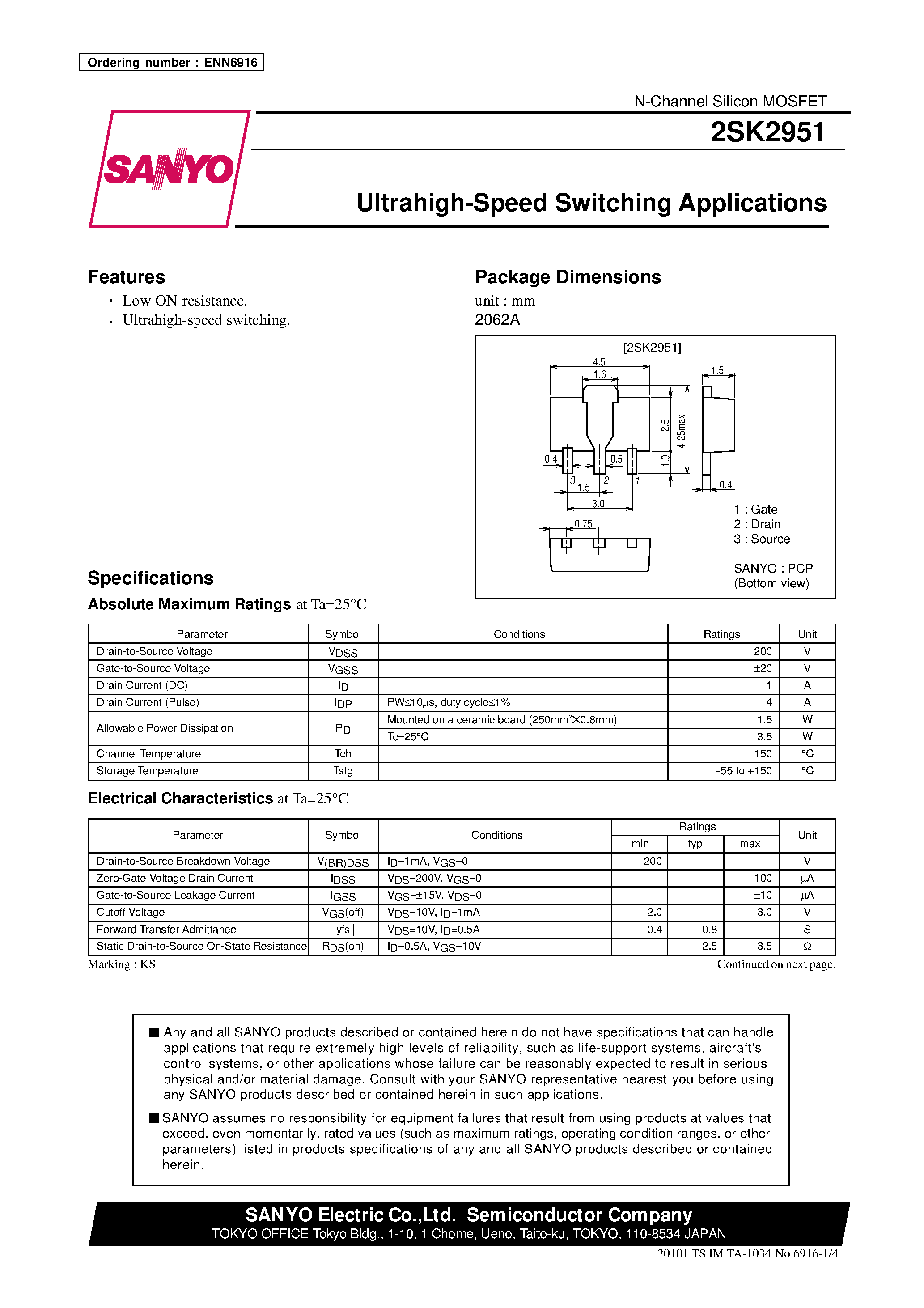 Даташит 2SK2951 - Ultrahigh-Speed Switching Applications страница 1
